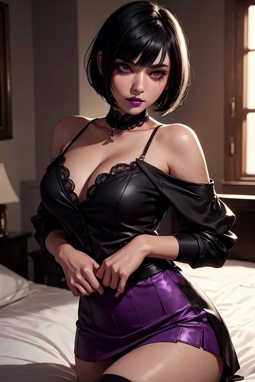 Eliza From Tekken, short black hair with bangs past her shoulders, short hair at the back of her head, sexy look, soft gothic makeup on her eyes, purple lipstick, casual blouse with a low neckline, short skirt, sensual pose, in the bedroom with soft lighting in the room