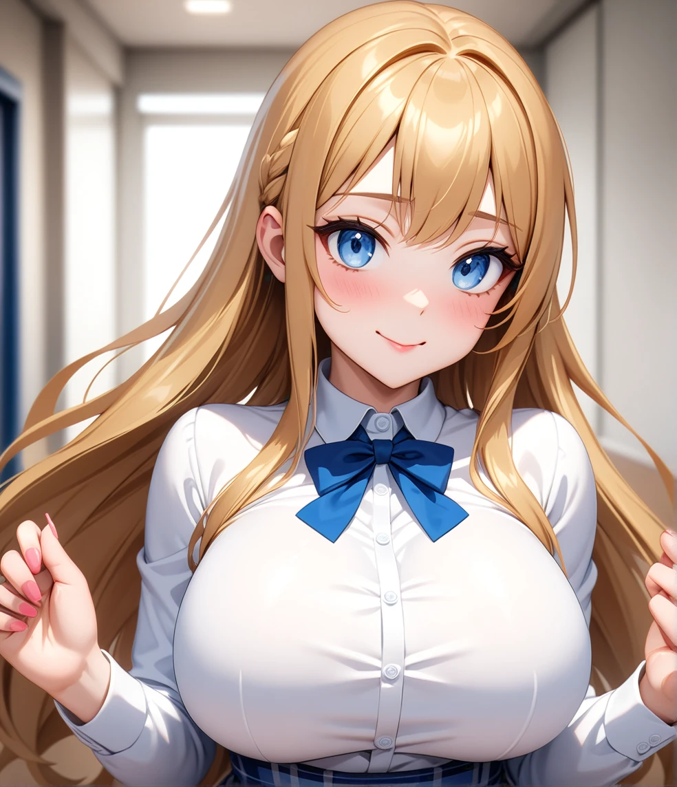 (One girl), Beautiful smile,Embarrassed face, Close your mouth,Glossy Lips,Abstract, School, masterpiece, highest quality, so beautiful, Absurd, up to date, Complex details,(Touch your face with your hands), Pink long nails,AI-generated, Complex,High resolution, highest quality, super high quality,3D Images、View the viewers、3D Images,one person,anime girl with long blonde hair and blue eyes posing for a picture, a hyperRealistic , hyperRealistic , Realistic , blonde anime girl with long hair, Smooth anime CG art, Beautiful anime school girl,White long sleeve blouse,Blue checked skirt,Blue Chest Ribbon, (Large Breasts:1.5), Mature Body,Fine details,Abdominal muscles