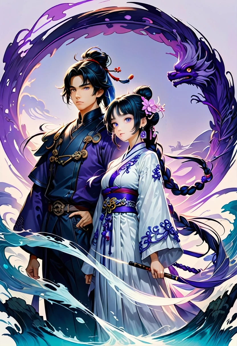 Couple, girl and boy, wuxia, Purple white gradient double braid long ponytail, cool, Purple and white gradient background, by Studio Ghibli, best quality, masterpiece, very aesthetic, perfect composition, intricate details, ultra-detailed