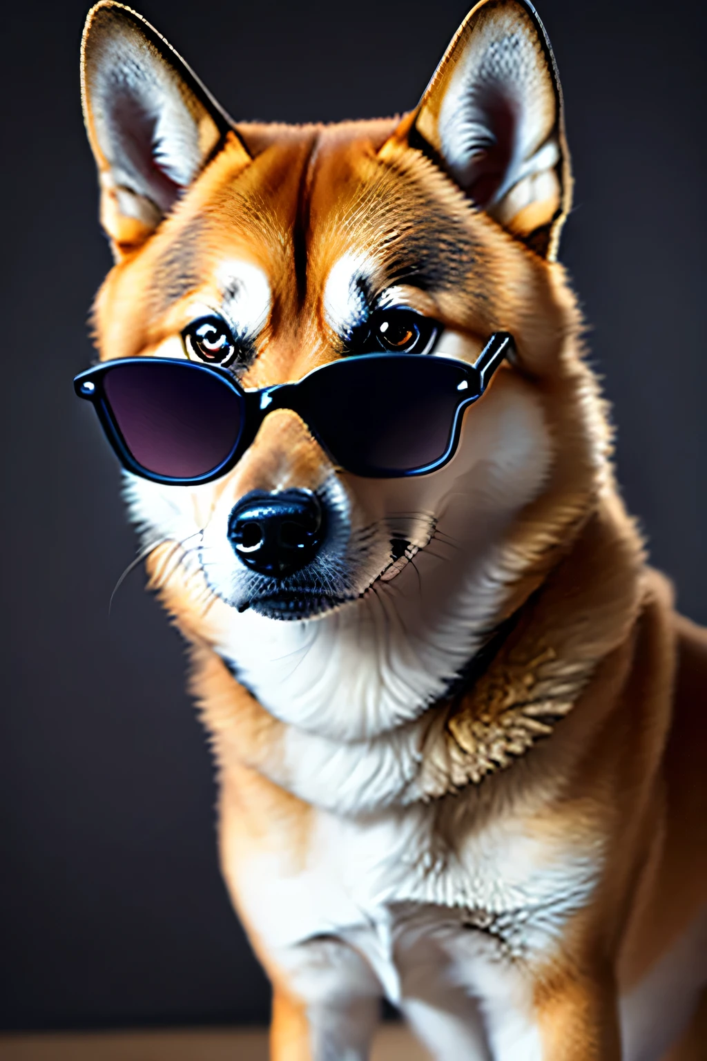 shiba inu, fundo escuro, usando oculos escuro