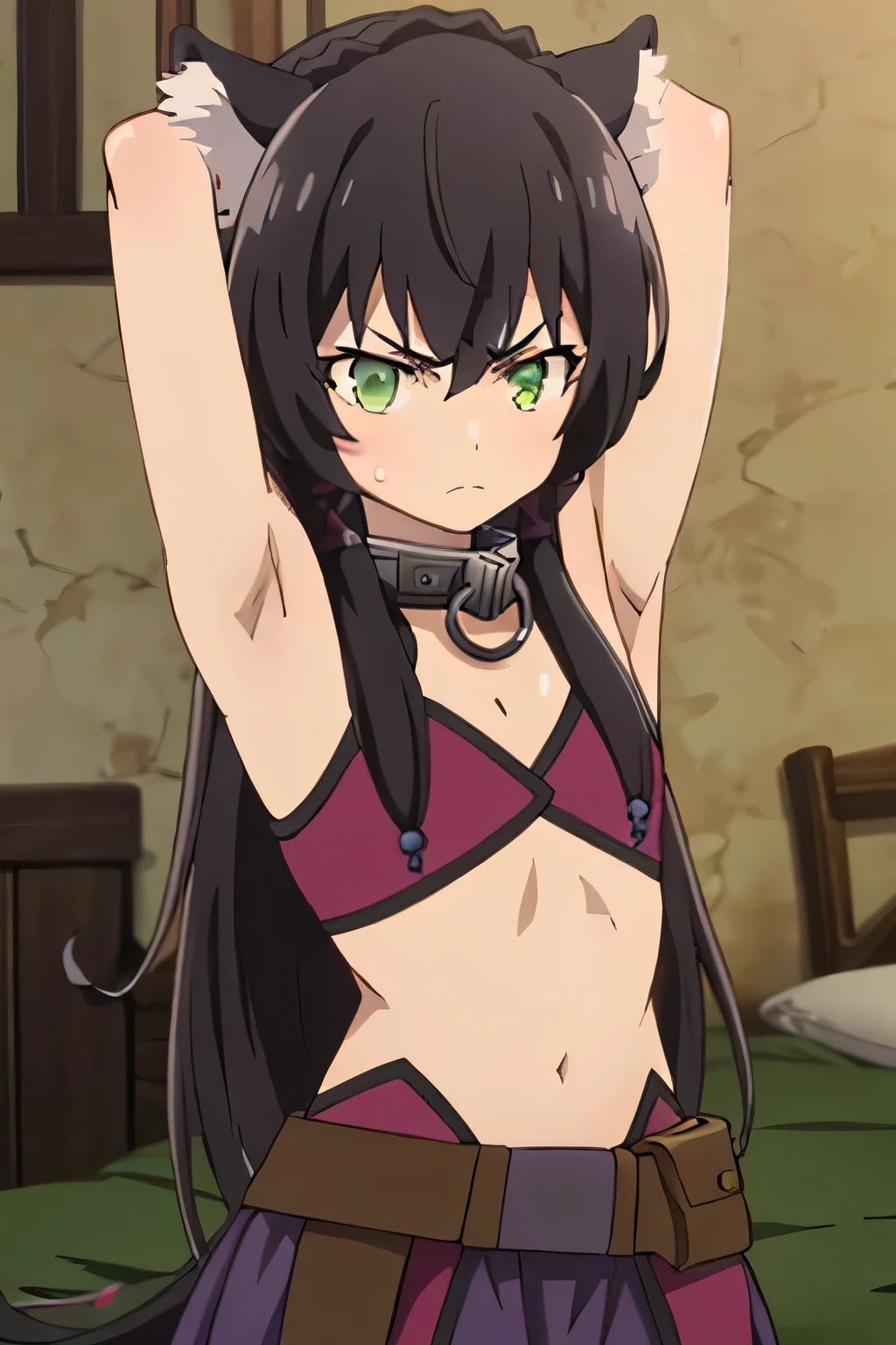 masterpiece, best quality, ultra-high-detailed , black hair, green eyes, rem, small breast, looking to viewer, deep eyes, glare eyes, showing armpit, all body, armpit crease, crop top, angry face, Cowboy shot, no chain necklace , tying hajr
