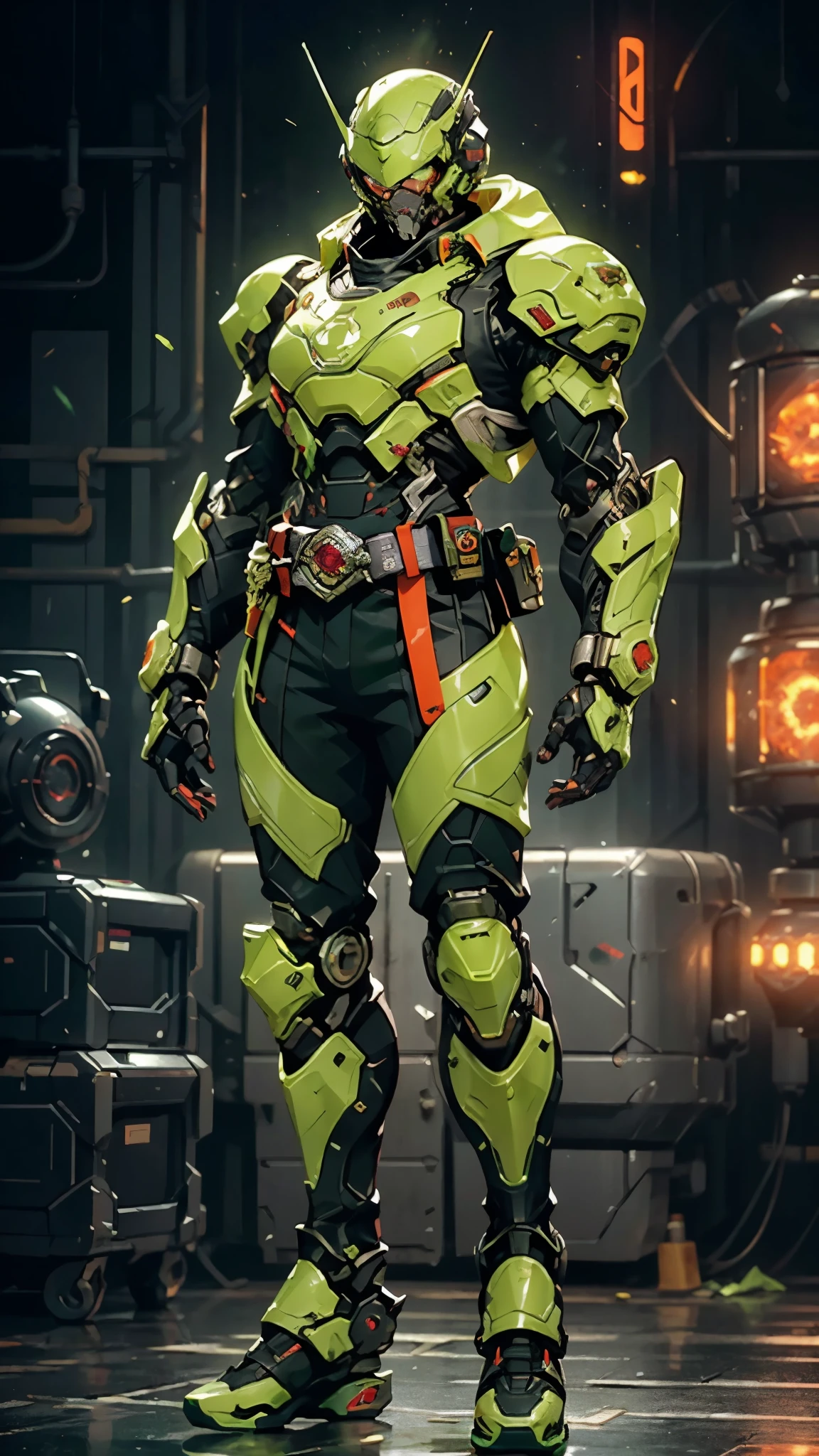 A man wearing a full-face helmet, a fantasy-style biotech armored combat suit, green eyes, (a composite layered chest armor), fully enclosed shoulder guards, matching arm and leg guards, the belt is adorned with exhaust pipes, (the color scheme is primarily black glow with green and red accents), the design balances heavy with agility, a high-tech bio-mecha armor, (Armor Concept Inspired by Cyberpunk motorcycle, stand on the top of a skyscraper in a futuristic sci-fi city), this character embodies a finely crafted fantasy-surreal style armored hero in anime style, exquisite and mature manga art style, (battle damage, element, plasma, energy, the armor glows), ((male:1.5)), metallic, real texture material, dramatic, high definition, best quality, highres, ultra-detailed, ultra-fine painting, extremely delicate, professional, perfect body proportions, golden ratio, anatomically correct, symmetrical face, extremely detailed eyes and face, high quality eyes, creativity, RAW photo, UHD, 32k, Natural light, cinematic lighting, masterpiece-anatomy-perfect, masterpiece:1.5