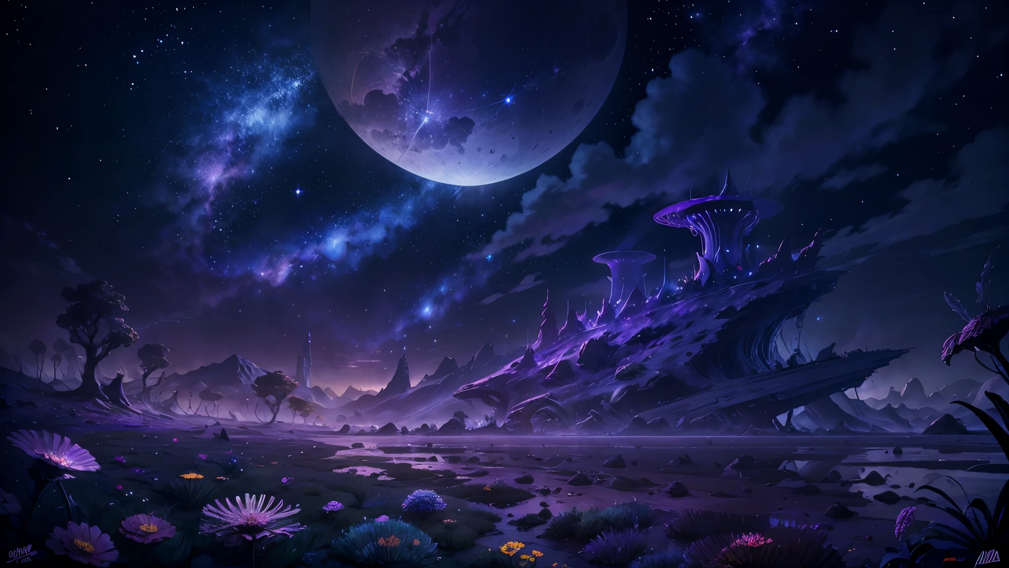 (Absurdres, Cinematic, UHD, higher, ultra detailed, ultra detailed), dark purple sky, nebula in the sky, 5 lattern in the sky, big moon in the sky, flying train, shooting star,grass field,trees,spirit trees, mountain, cat ,oil painting, detailed dandelion field, detailed flying train, detailed sky,  sunset
