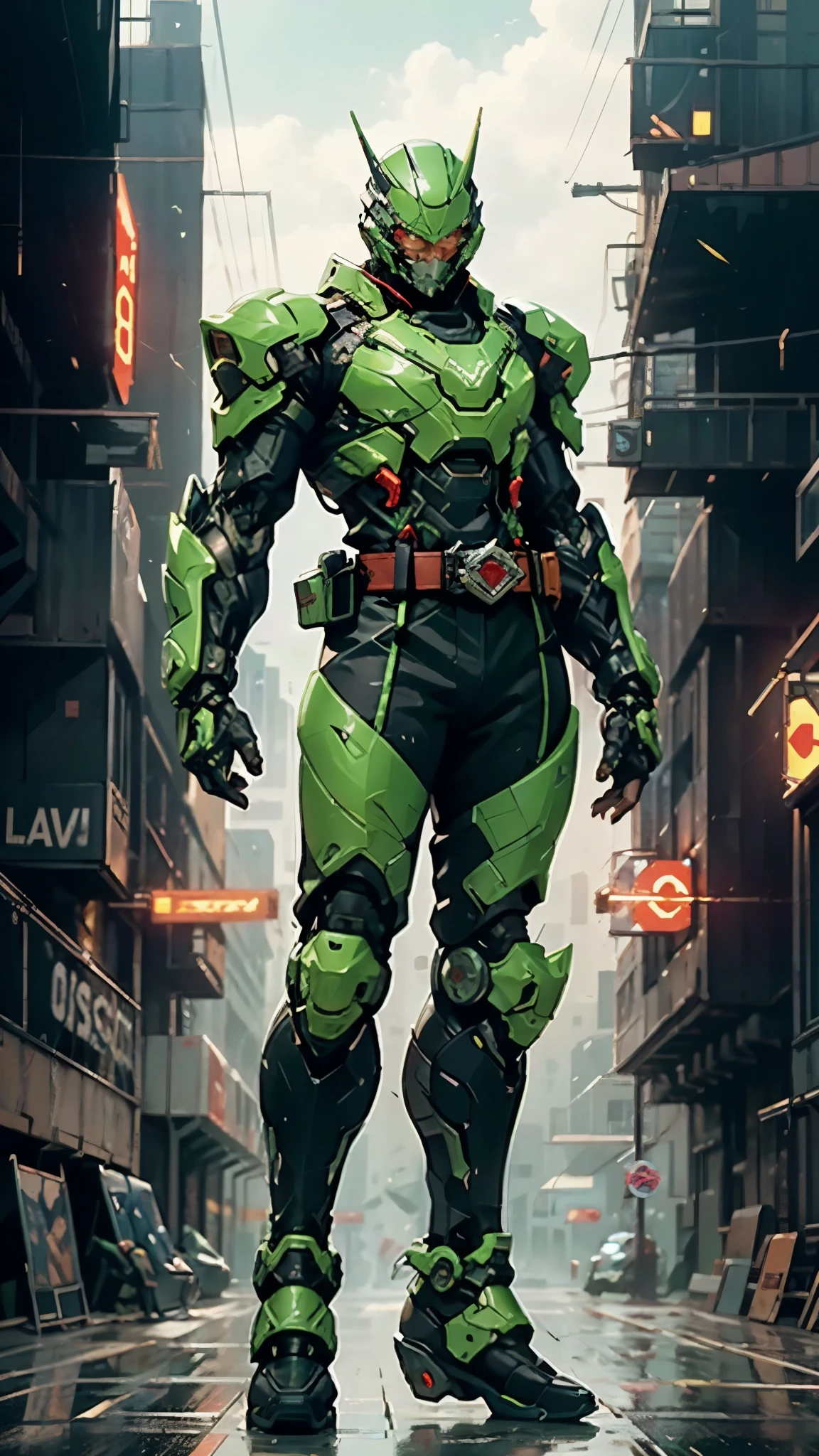 A man wearing a full-face helmet, a fantasy-style biotech armored combat suit, green eyes, (a composite layered chest armor), fully enclosed shoulder guards, matching arm and leg guards, the belt is adorned with exhaust pipes, (the color scheme is primarily black glow with green and red accents), the design balances heavy with agility, a high-tech bio-mecha armor, (Armor Concept Inspired by Cyberpunk motorcycle, stand on the top of a skyscraper in a futuristic sci-fi city), this character embodies a finely crafted fantasy-surreal style armored hero in anime style, exquisite and mature manga art style, (battle damage, element, plasma, energy, the armor glows), ((male:1.5)), metallic, real texture material, dramatic, high definition, best quality, highres, ultra-detailed, ultra-fine painting, extremely delicate, professional, perfect body proportions, golden ratio, anatomically correct, symmetrical face, extremely detailed eyes and face, high quality eyes, creativity, RAW photo, UHD, 32k, Natural light, cinematic lighting, masterpiece-anatomy-perfect, masterpiece:1.5
