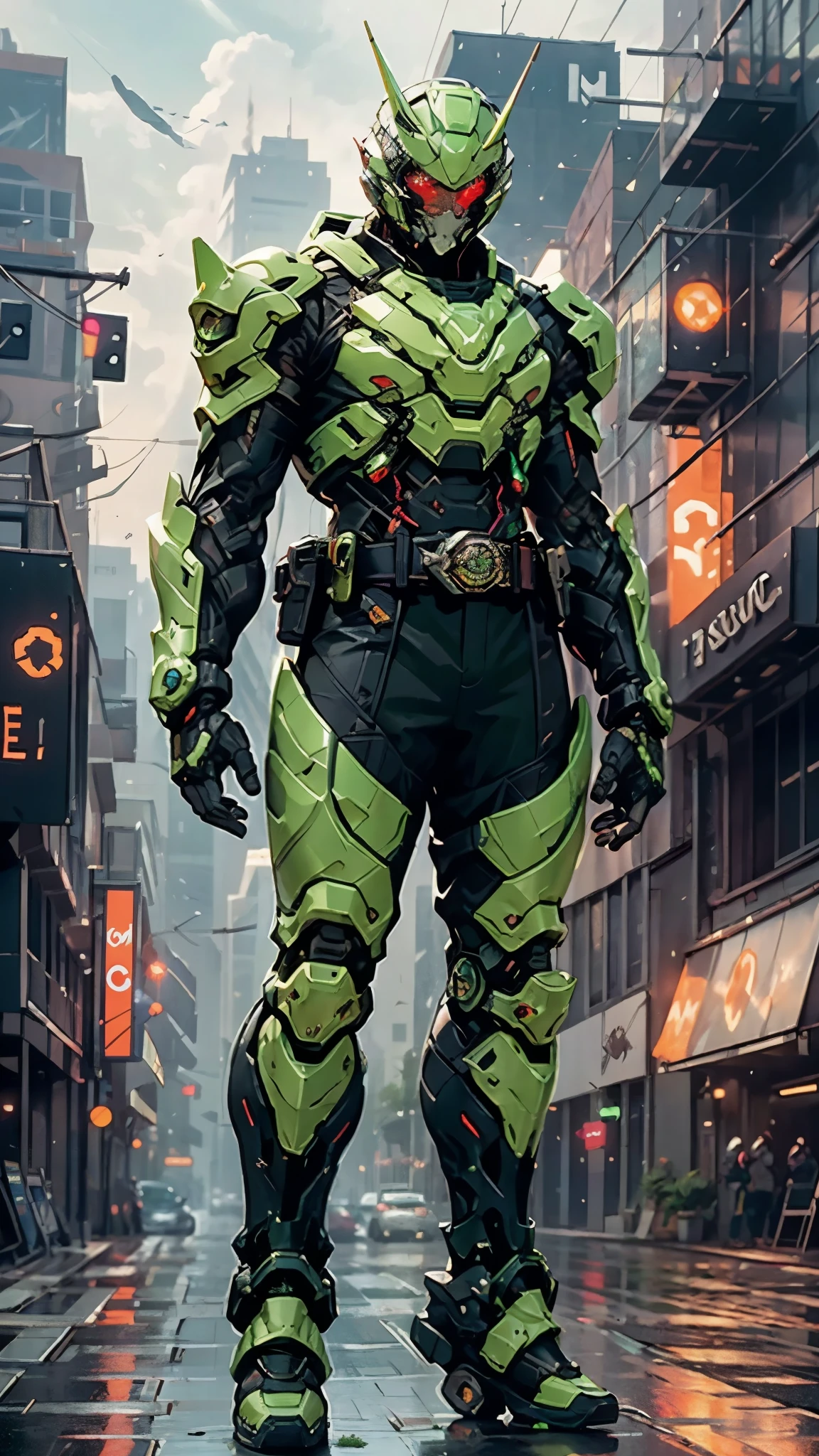 A man wearing a full-face helmet, a fantasy-style biotech armored combat suit, green eyes, (a composite layered chest armor), fully enclosed shoulder guards, matching arm and leg guards, the belt is adorned with exhaust pipes, (the color scheme is primarily black glow with green and red accents), the design balances heavy with agility, a high-tech bio-mecha armor, (Armor Concept Inspired by Cyberpunk motorcycle, stand on the top of a skyscraper in a futuristic sci-fi city), this character embodies a finely crafted fantasy-surreal style armored hero in anime style, exquisite and mature manga art style, (battle damage, element, plasma, energy, the armor glows), ((male:1.5)), metallic, real texture material, dramatic, high definition, best quality, highres, ultra-detailed, ultra-fine painting, extremely delicate, professional, perfect body proportions, golden ratio, anatomically correct, symmetrical face, extremely detailed eyes and face, high quality eyes, creativity, RAW photo, UHD, 32k, Natural light, cinematic lighting, masterpiece-anatomy-perfect, masterpiece:1.5