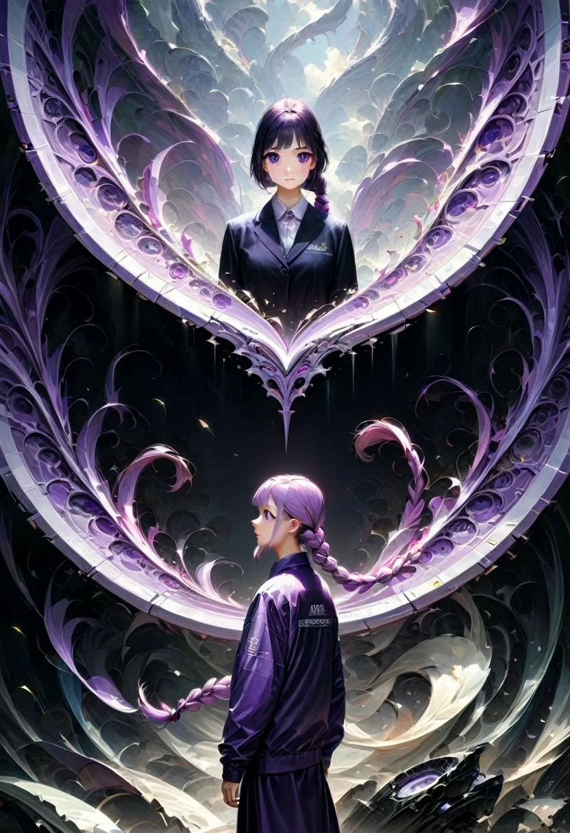 Couple Photo, anime realism, girl with Purple white gradient double braid long ponytail, short hair boy, personality, (masterpiece, best quality, Professional, perfect composition, very aesthetic, absurdres, ultra-detailed, intricate details:1.3)