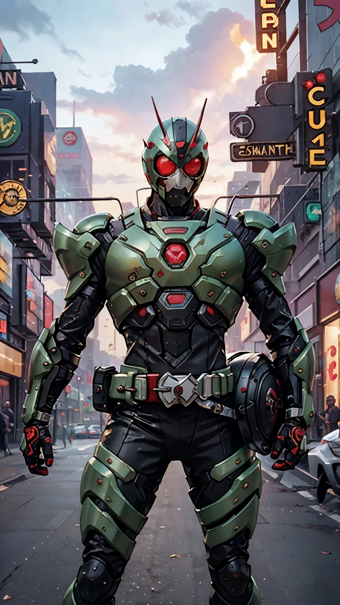 A man wearing a full-face helmet, a fantasy-style biotech armored combat suit, green eyes, (a composite layered chest armor), fully enclosed shoulder guards, matching arm and leg guards, the belt is adorned with exhaust pipes, (the color scheme is primarily black glow with green and red accents), the design balances heavy with agility, a high-tech bio-mecha armor, (Armor Concept Inspired by Cyberpunk motorcycle, stand on the top of a skyscraper in a futuristic sci-fi city), this character embodies a finely crafted fantasy-surreal style armored hero in anime style, exquisite and mature manga art style, (battle damage, element, plasma, energy, the armor glows), ((male:1.5)), metallic, real texture material, dramatic, high definition, best quality, highres, ultra-detailed, ultra-fine painting, extremely delicate, professional, perfect body proportions, golden ratio, anatomically correct, symmetrical face, extremely detailed eyes and face, high quality eyes, creativity, RAW photo, UHD, 32k, Natural light, cinematic lighting, masterpiece-anatomy-perfect, masterpiece:1.5