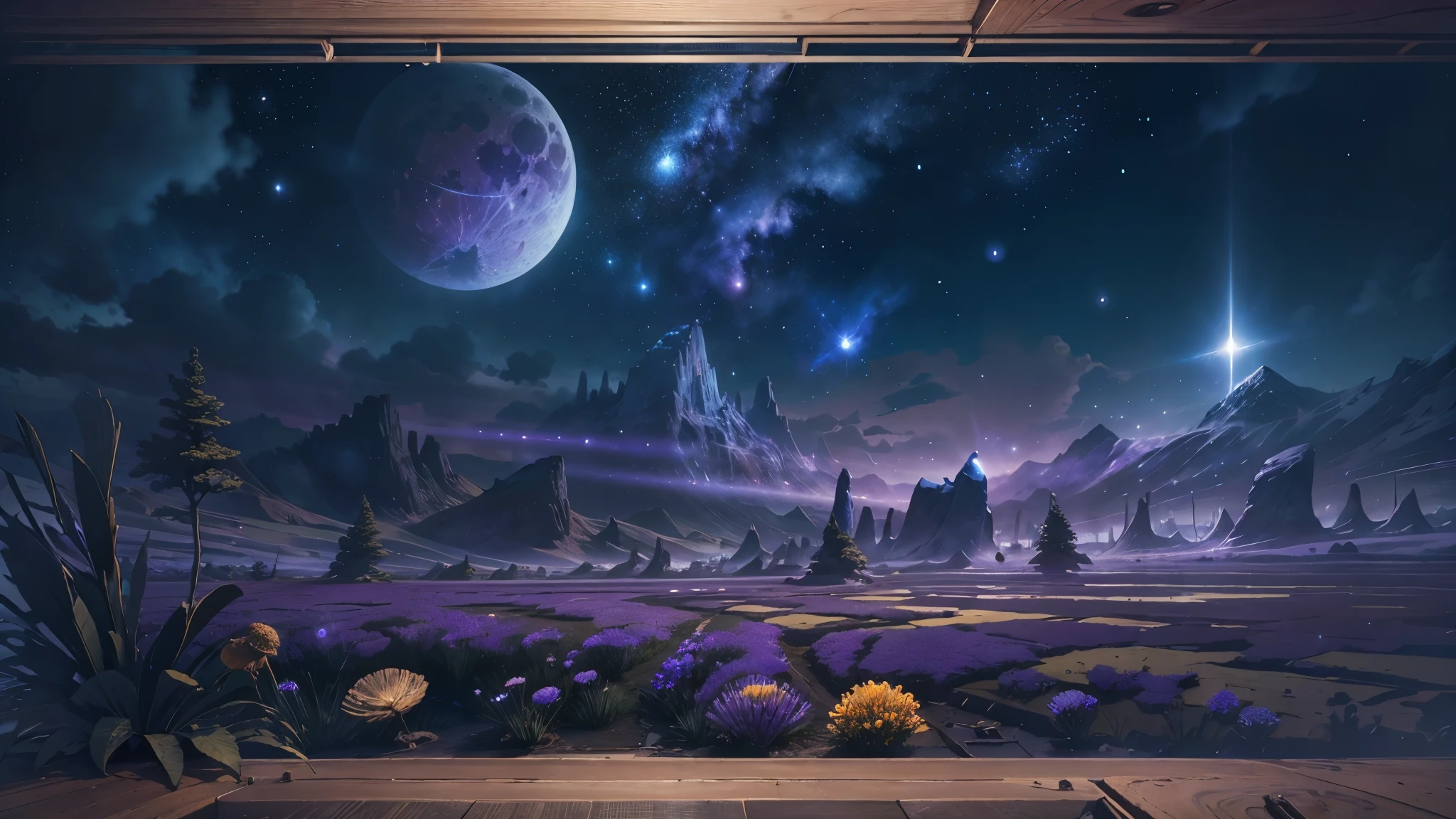 (Absurdres, Cinematic, UHD, higher, ultra detailed, ultra detailed), dark purple sky, nebula in the sky, 5 lattern in the sky, big moon in the sky, flying train, shooting star,grass field,trees,spirit trees, mountain, cat ,oil painting, detailed dandelion field, detailed flying train, detailed sky,  sunset