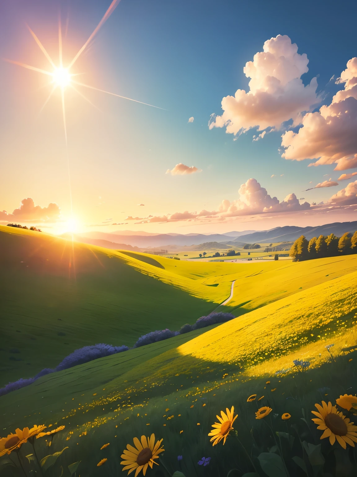 Sunny Day: Picture a bright, cloudless sky with the sun shining high, casting warm light over a vibrant green meadow filled with colorful wildflowers. The scene exudes warmth and happiness.