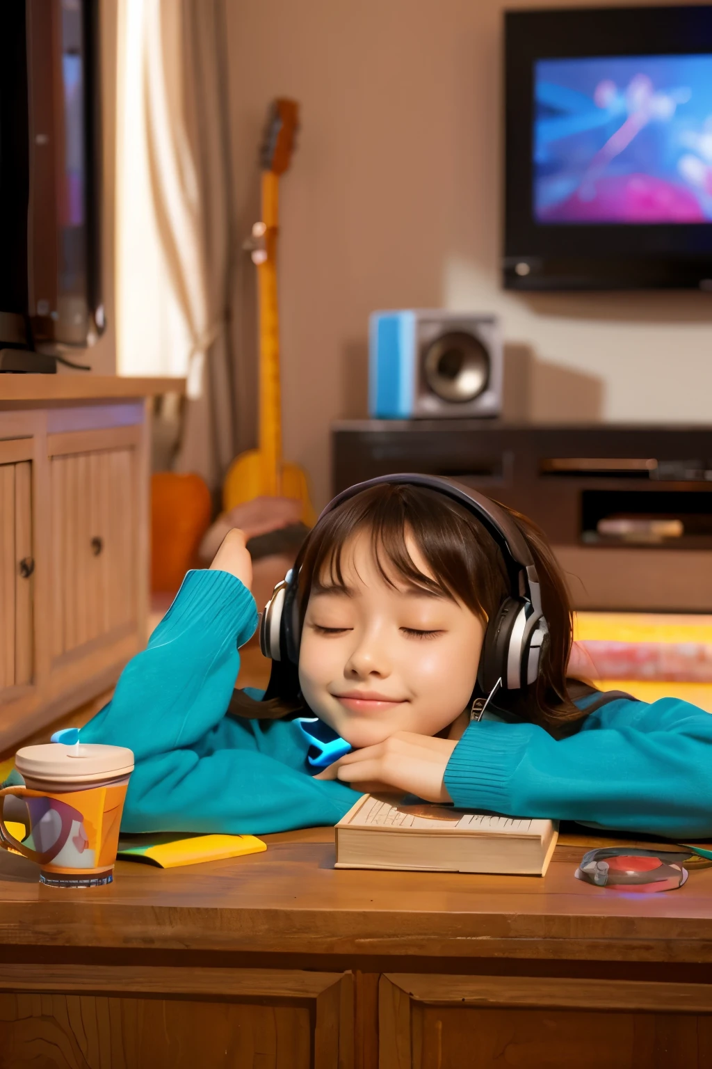 a girl relaxing listening to music, 3d cartoon