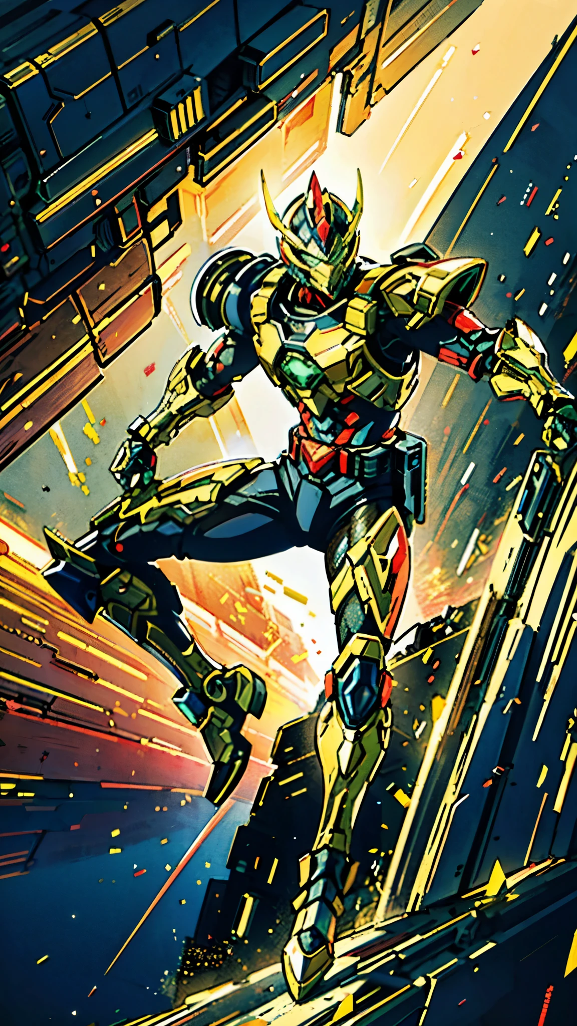 A man wearing a full-face helmet, a fantasy-style biotech armored combat suit, green eyes, (a composite layered chest armor), fully enclosed shoulder guards, matching arm and leg guards, the belt is adorned with exhaust pipes, (the color scheme is primarily black glow with green and red accents), the design balances heavy with agility, a high-tech bio-mecha armor, (Armor Concept Inspired by Cyberpunk motorcycle, stand on the top of a skyscraper in a futuristic sci-fi city), this character embodies a finely crafted fantasy-surreal style armored hero in anime style, exquisite and mature manga art style, (battle damage, element, plasma, energy, the armor glows), ((male:1.5)), metallic, real texture material, dramatic, high definition, best quality, highres, ultra-detailed, ultra-fine painting, extremely delicate, professional, perfect body proportions, golden ratio, anatomically correct, symmetrical face, extremely detailed eyes and face, high quality eyes, creativity, RAW photo, UHD, 32k, Natural light, cinematic lighting, masterpiece-anatomy-perfect, masterpiece:1.5