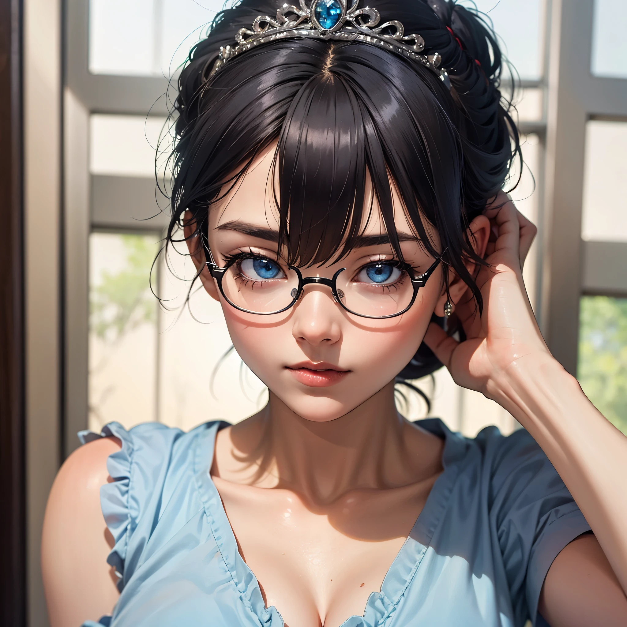 ((best quality)), ((masterpiece)), (detailed), perfect face, a white-toned sexy girl with silver black hair and blue eyes wearing glasses with big breasts wearing a royal dress and a tiara on her head looking outside the window showing her cleavage with a seductive look on her face, close-up side shot, ultra-detailed, 4k