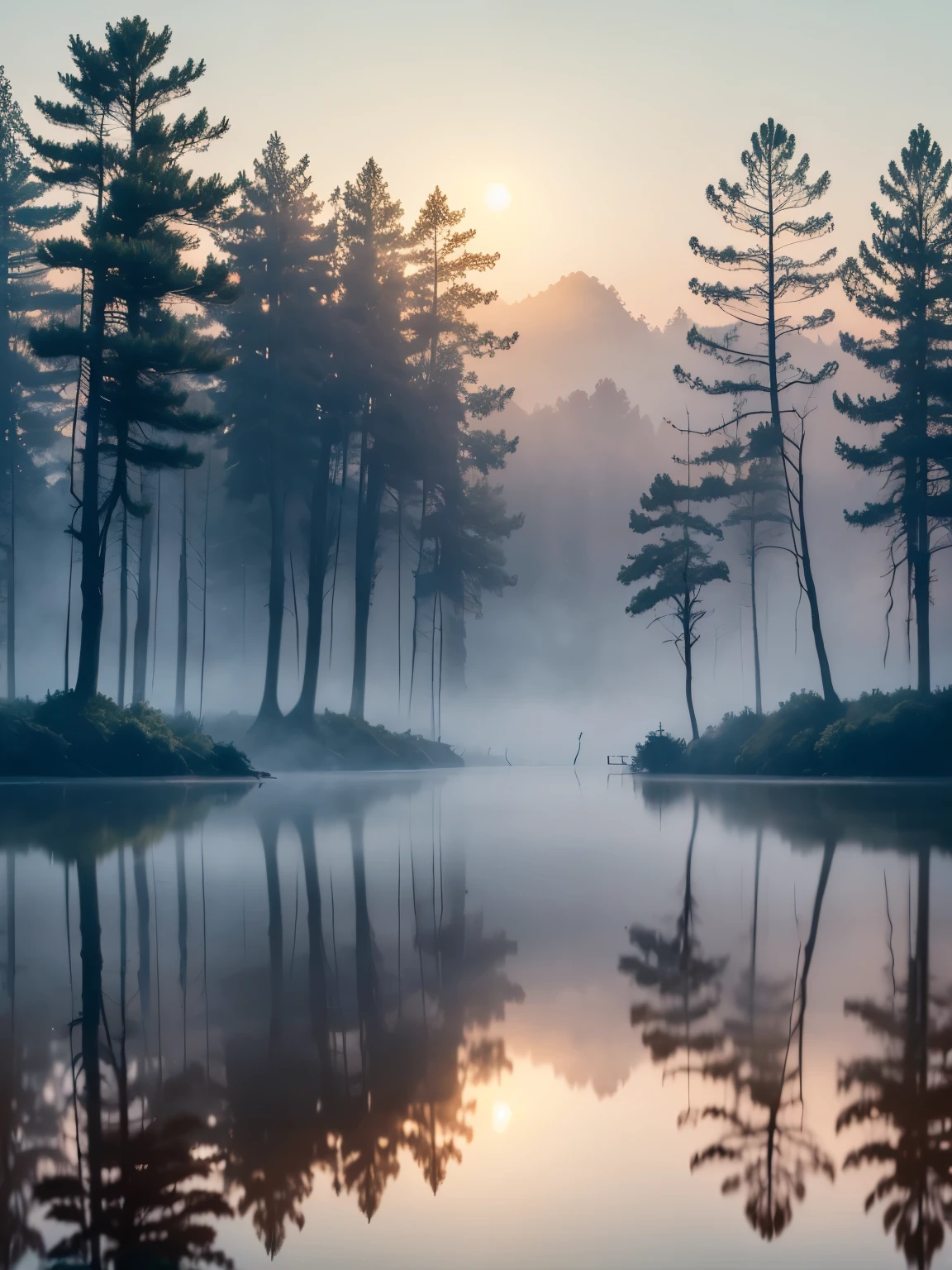 Foggy Morning: Picture a dense fog rolling over a quiet lake, with the silhouettes of trees barely visible through the mist. The still water reflects the eerie, muted landscape, creating a mysterious and tranquil ambiance.