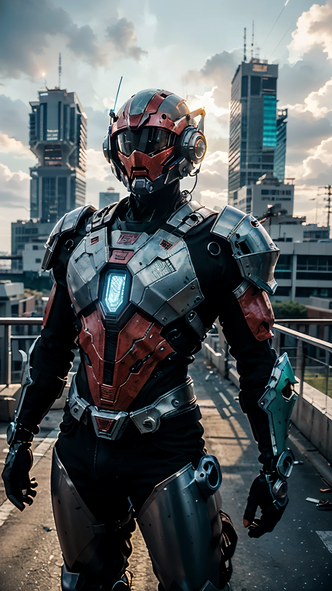 A man wearing a full-face helmet, a fantasy-style biotech armored combat suit, green eyes, (a composite layered chest armor), fully enclosed shoulder guards, matching arm and leg guards, the belt is adorned with exhaust pipes, (the color scheme is primarily black glow with green and red accents), the design balances heavy with agility, a high-tech bio-mecha armor, (Armor Concept Inspired by Cyberpunk motorcycle, stand on the top of a skyscraper in a futuristic sci-fi city), this character embodies a finely crafted fantasy-surreal style armored hero in anime style, exquisite and mature manga art style, (battle damage, element, plasma, energy, the armor glows), ((male:1.5)), metallic, real texture material, dramatic, high definition, best quality, highres, ultra-detailed, ultra-fine painting, extremely delicate, professional, perfect body proportions, golden ratio, anatomically correct, symmetrical face, extremely detailed eyes and face, high quality eyes, creativity, RAW photo, UHD, 32k, Natural light, cinematic lighting, masterpiece-anatomy-perfect, masterpiece:1.5