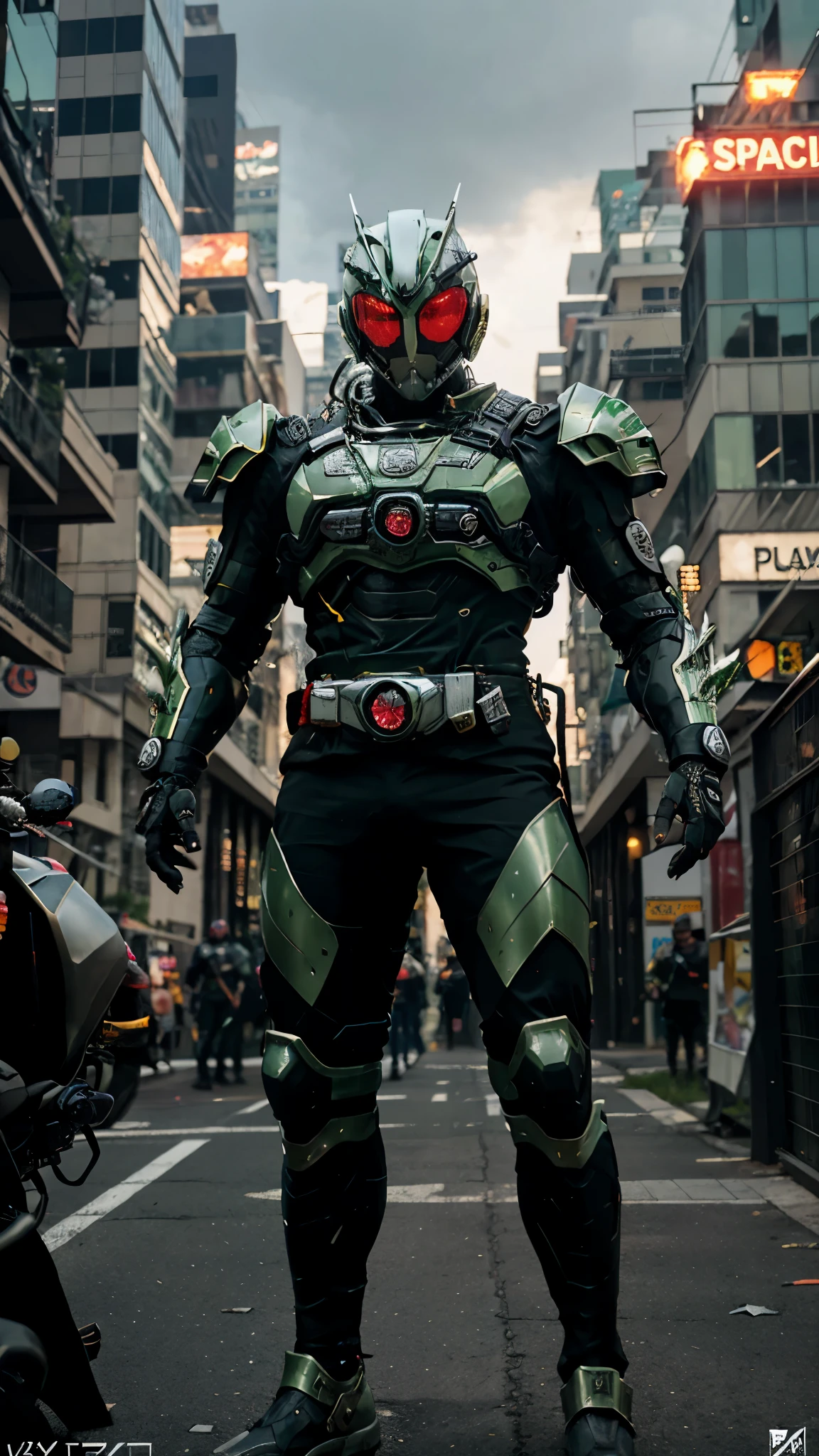 A man wearing a full-face helmet, a fantasy-style biotech armored combat suit, green eyes, (a composite layered chest armor), fully enclosed shoulder guards, matching arm and leg guards, the belt is adorned with exhaust pipes, (the color scheme is primarily black glow with green and red accents), the design balances heavy with agility, a high-tech bio-mecha armor, (Armor Concept Inspired by Cyberpunk motorcycle, stand on the top of a skyscraper in a futuristic sci-fi city), this character embodies a finely crafted fantasy-surreal style armored hero in anime style, exquisite and mature manga art style, (battle damage, element, plasma, energy, the armor glows), ((male:1.5)), metallic, real texture material, dramatic, high definition, best quality, highres, ultra-detailed, ultra-fine painting, extremely delicate, professional, perfect body proportions, golden ratio, anatomically correct, symmetrical face, extremely detailed eyes and face, high quality eyes, creativity, RAW photo, UHD, 32k, Natural light, cinematic lighting, masterpiece-anatomy-perfect, masterpiece:1.5