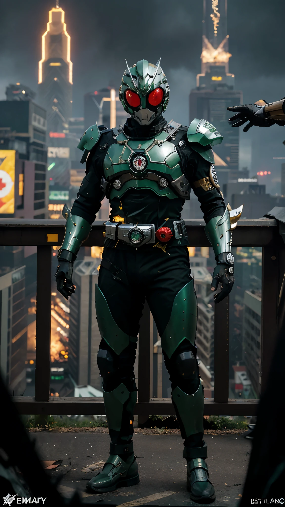 A man wearing a full-face helmet, a fantasy-style biotech armored combat suit, green eyes, (a composite layered chest armor), fully enclosed shoulder guards, matching arm and leg guards, the belt is adorned with exhaust pipes, (the color scheme is primarily black glow with green and red accents), the design balances heavy with agility, a high-tech bio-mecha armor, (Armor Concept Inspired by Cyberpunk motorcycle, stand on the top of a skyscraper in a futuristic sci-fi city), this character embodies a finely crafted fantasy-surreal style armored hero in anime style, exquisite and mature manga art style, (battle damage, element, plasma, energy, the armor glows), ((male:1.5)), metallic, real texture material, dramatic, high definition, best quality, highres, ultra-detailed, ultra-fine painting, extremely delicate, professional, perfect body proportions, golden ratio, anatomically correct, symmetrical face, extremely detailed eyes and face, high quality eyes, creativity, RAW photo, UHD, 32k, Natural light, cinematic lighting, masterpiece-anatomy-perfect, masterpiece:1.5