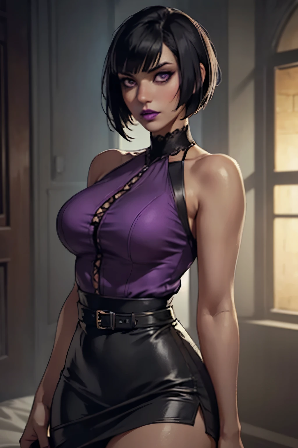 Eliza From Tekken, short black hair with bangs past her shoulders, short hair at the back of her head, sexy look, soft gothic makeup on her eyes, purple lipstick, casual light blouse with low neckline, short black skirt made of light fabric, sensual pose, in the room with lighting gentle on the environment