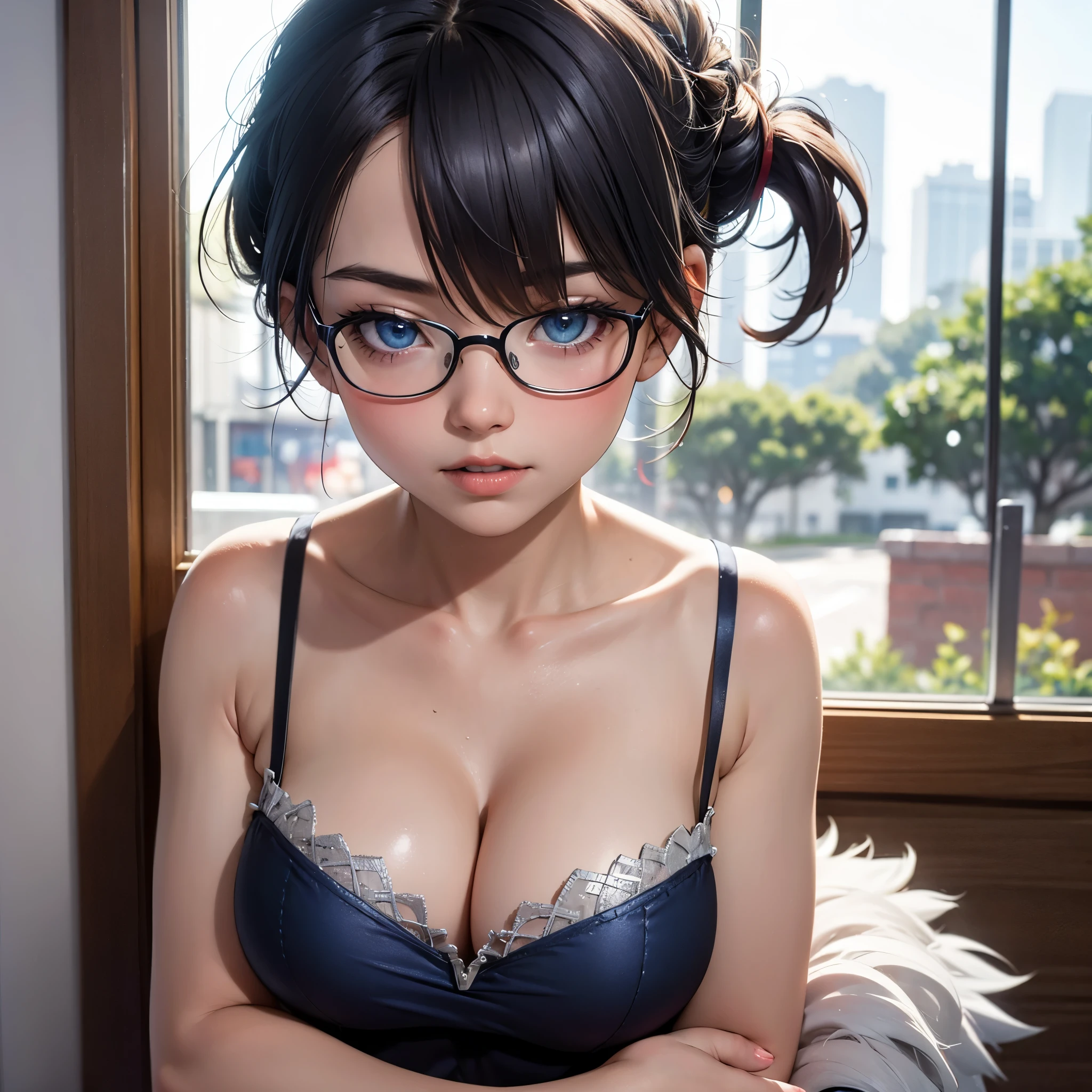 ((best quality)), ((masterpiece)), (detailed), perfect face, a white-toned sexy girl with silver black hair and blue eyes wearing glasses with big breasts wearing a royal dress and a tiara on her head looking outside the window showing her cleavage with a seductive look on her face, close-up side shot, ultra-detailed, 4k