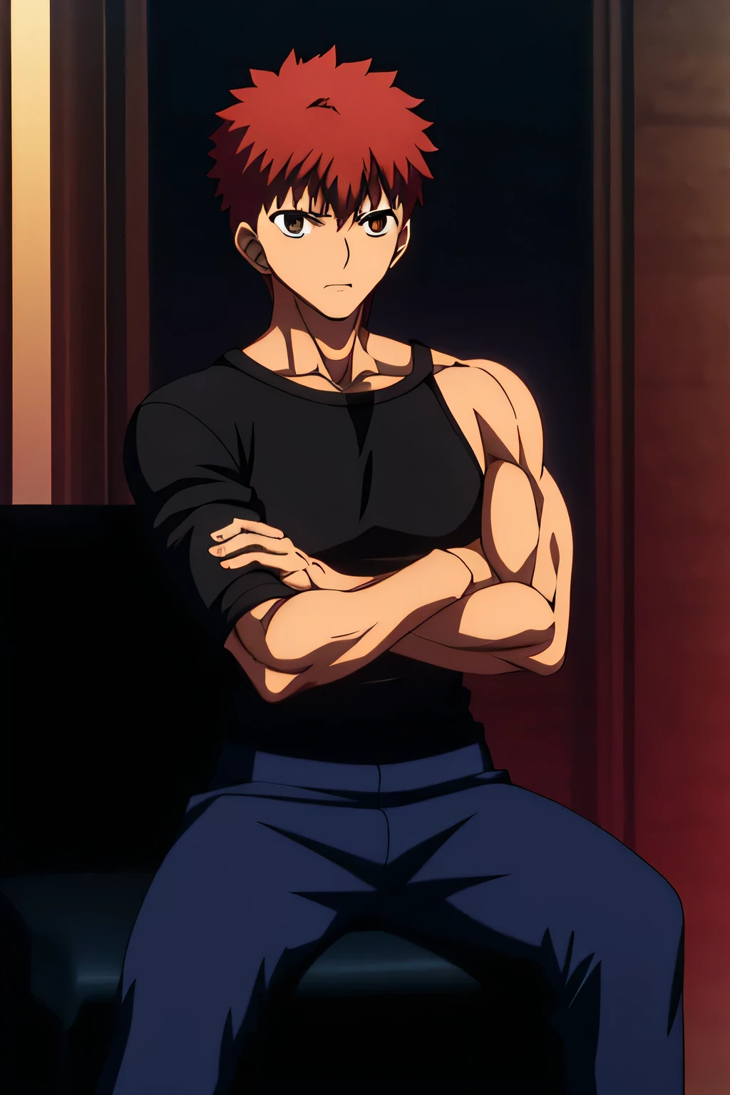 Shirou Emiya is sitting and flexing his biceps. He is wearing a black tshirt with his sleeves completely rolled up so you can see his entire arm and shoulder and black boxershorts.