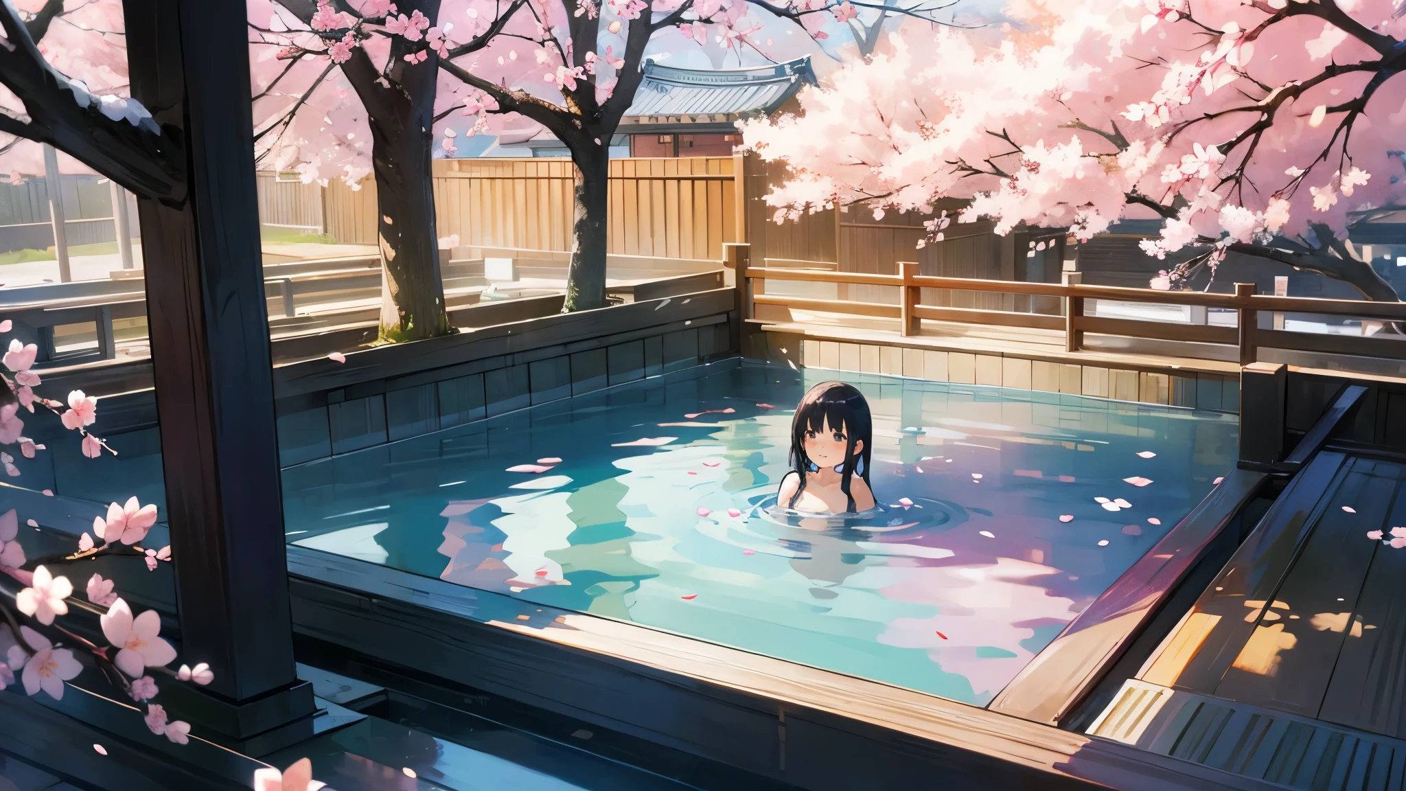 Girl about 17 years old with long purple hair. Pointy ears. Cute as a cartoon. Naked in bath, hot spring, Makoto Shinkai, high resolution, happy smile, cute art style, outdoor bath, small torii gate, hot spring, evening, cherry blossom, anime paint, anime style.