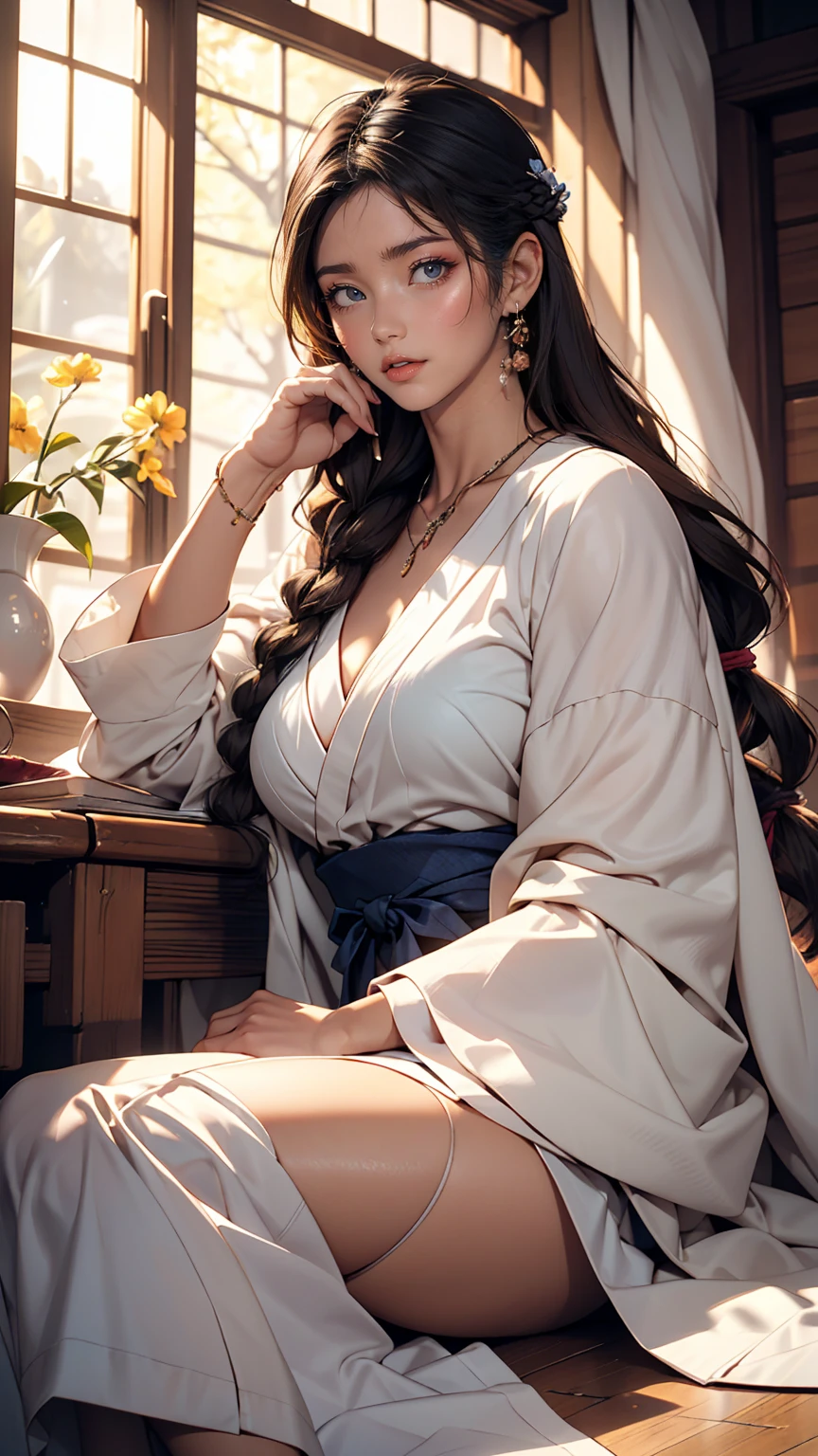 (8K, RAW Photos, highest quality, masterpiece:1.2), (Realistic, photo-Realistic:1.37)、26 year old Japanese woman、Hair is black、Eye color is indigo、long hair、I braid it lightly、Venus Body、Having her hair done、My chest is popping out、Wearing accessories on the ankle、smile、I'm wearing a hairband、Wearing a sheer tie-front shirt、The belly button is visible、Wear a navy blue low-rise micro mini pleated skirt、smile