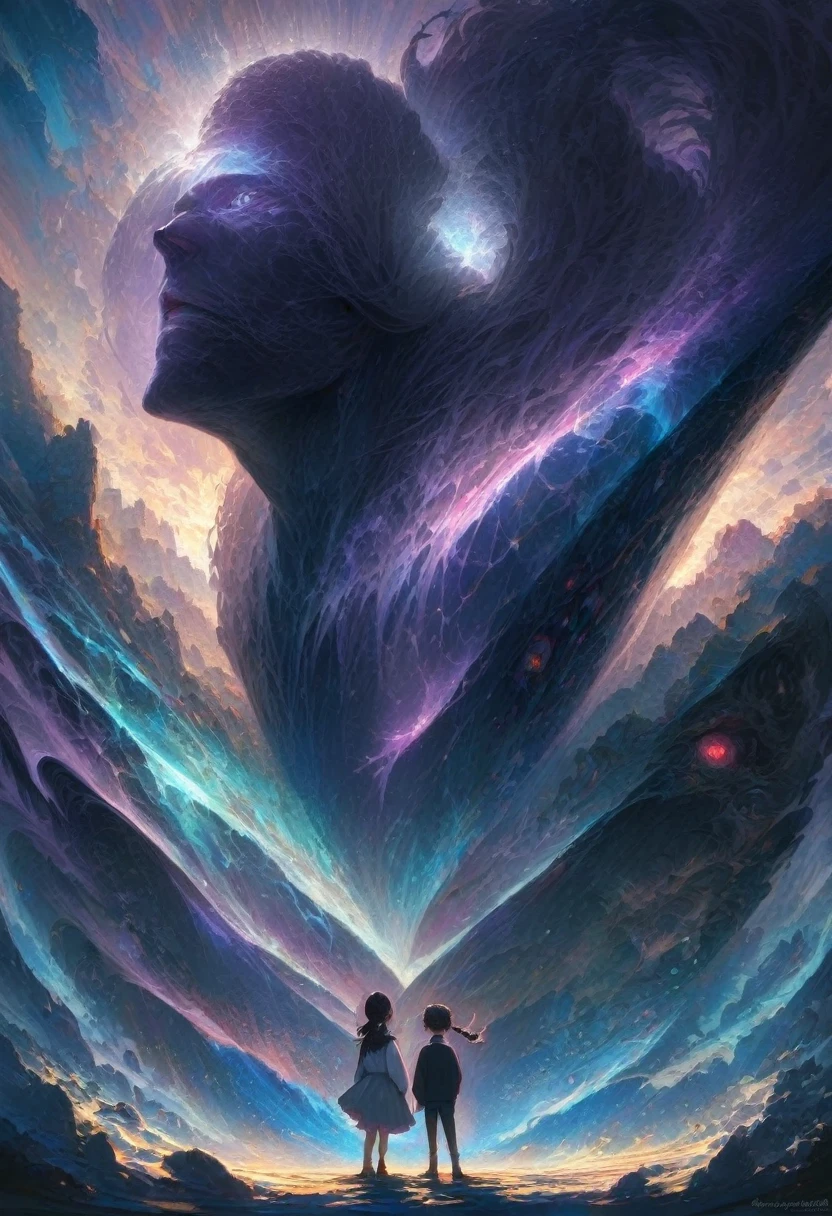 Couple, girl and boy, Purple white gradient double braid long ponytail, cool, by Studio Ghibli, best quality, masterpiece, very aesthetic, perfect composition, intricate details, ultra-detailed