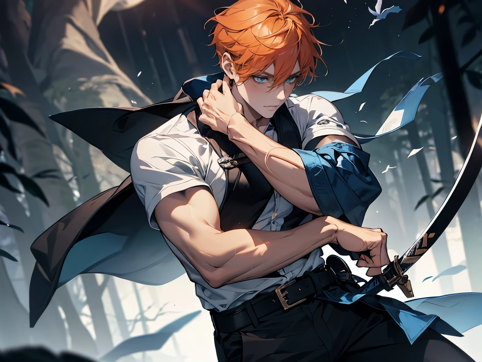1 male, 26 year old, masculine, short orange hair, Attractive, White shirt, Rolled up sleeves, Black belt, Black pants, Beautiful blue eyes、tired eyes, beautiful hair、serious expression, Trending on ArtStation, 8K resolution, Highly detailed, Anatomically correct, Sharp Image, Digital Painting, Concept art, of the highest quality、forest background, holding a long blue long sword. Close up.