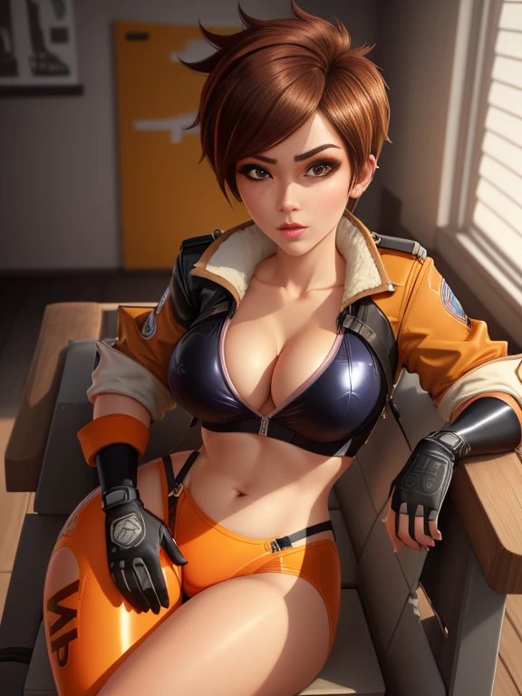 gwen tennyson,1girl,tracer,d.va,rebecca chambers,overwatch,gundam,close up,mecha pilot,mountain view,orange and rose plugsuit,hair pin,pirate corset,white long sleeve lycra top,white leggings,short hair,cute makeup,green eyes,orange and blue hair,shy smile, freckles,redhead,beautiful girl,large breasts,ultra detailed,realistic,fantasy art, cyclist jacket,riding a bicycle,wet shirt,
