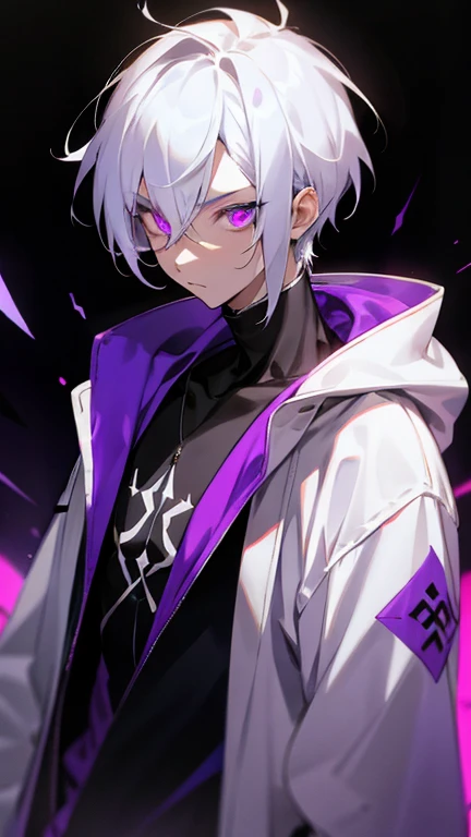 ,Boy with white hair purple glowing radiant eyes wearing a stylish fashion hoodie