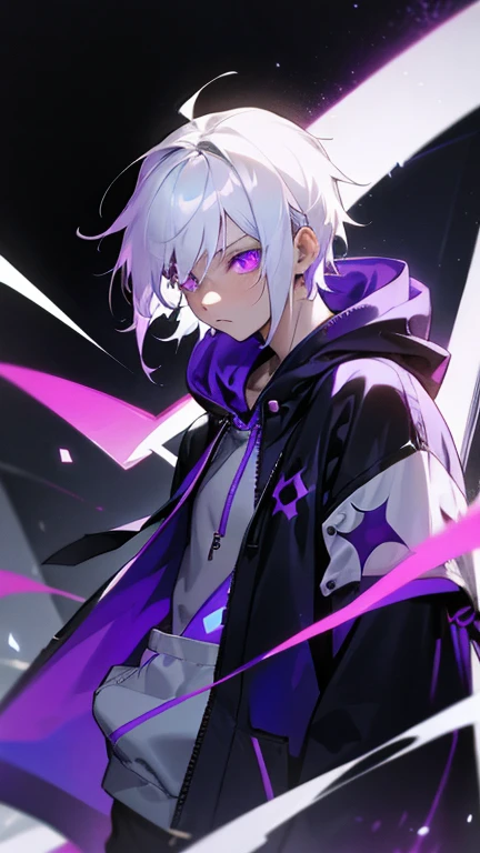 ,Boy with white hair purple glowing radiant eyes wearing a stylish fashion hoodie