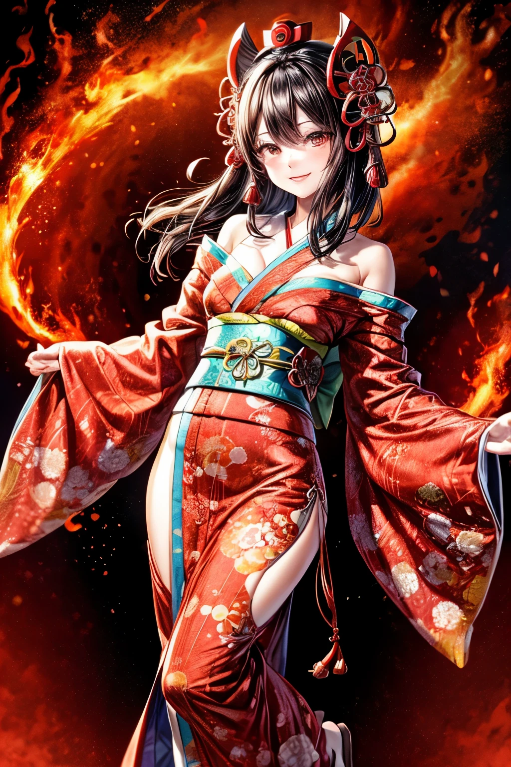 ((Mate Peace)), (Girl: 1.2), (Big breasts), (Black hair, short cut: 1.3),  Plump and glossy lips, beautiful clear eyes, (Vest (Smile), (Perfect Hand: 1.2), (Red Theme: 1.4), (With Oiran: 1.3), (Maxi-length black kimono [with gold]) Obi: 1.4), (Delicate gold embroidery) Flashy Pattern: 1.3), (Off shoulder: 1.4), (Clogs: 1.2), (Flashy hair ornament: 1.3), (Super huge ribbon in front: 1.2), Waist: 1.3), Low angle shot, (Enchanting light ), Moonlight: 1.4), ((bold thigh slit)), Fire swirls and filigree, Rainbow colored bubbles, Fantastic sparkles, Magical hologram glow, ((Flame effects:1.3)), Must-have, Top quality, Super detail, Masterpiece,