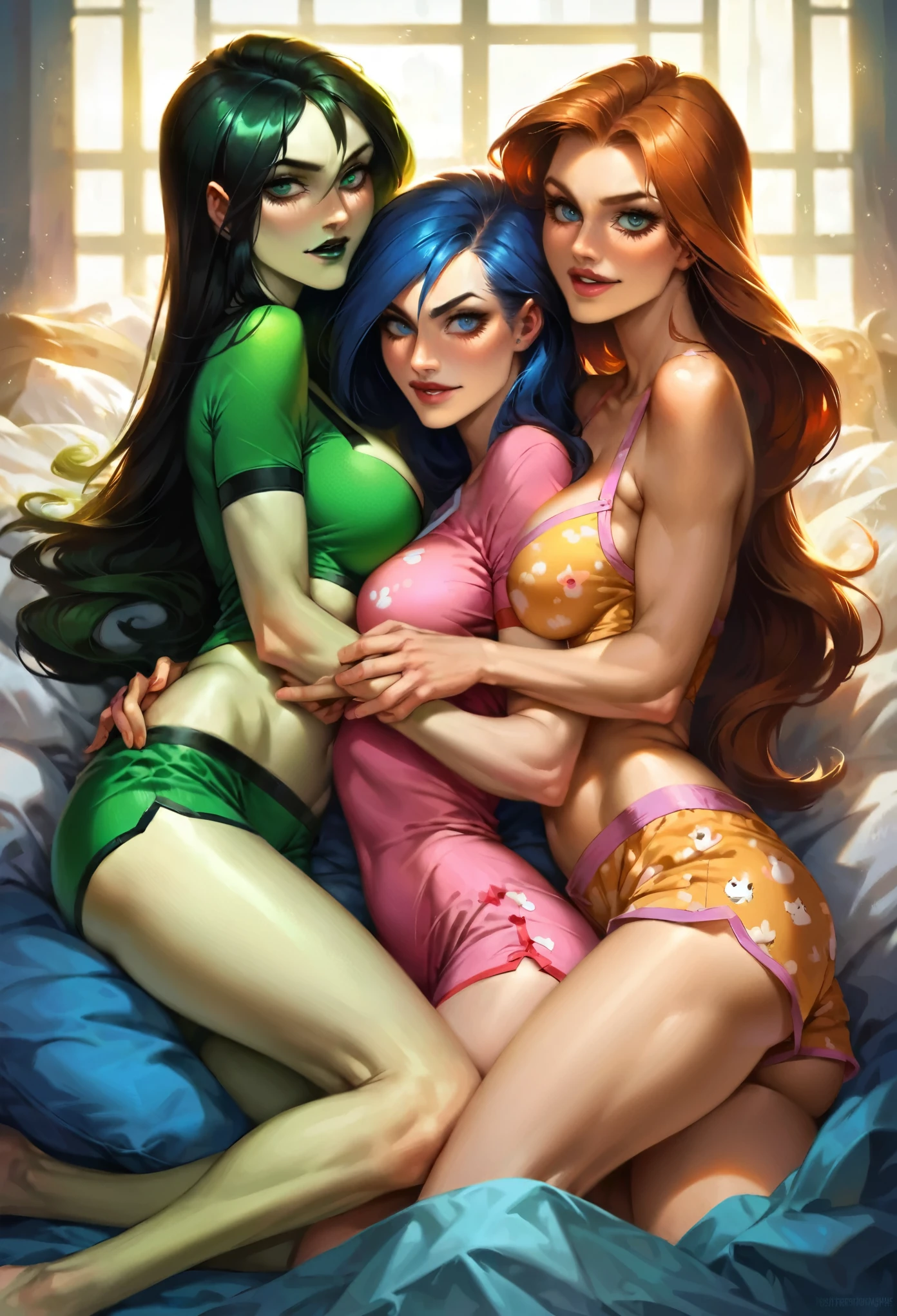 score_9, score_8_up, score_7_up, score_6_up, score_5_up, (high quality, detailed, beautiful), detailed soft lighting, rating_safe, 3girls, Shego snuggling with Kim Possible and Bonnie Rockwaller, on the bed, girlfriends, lovers, beautiful eyes, open eyes, wearing cute pajamas.