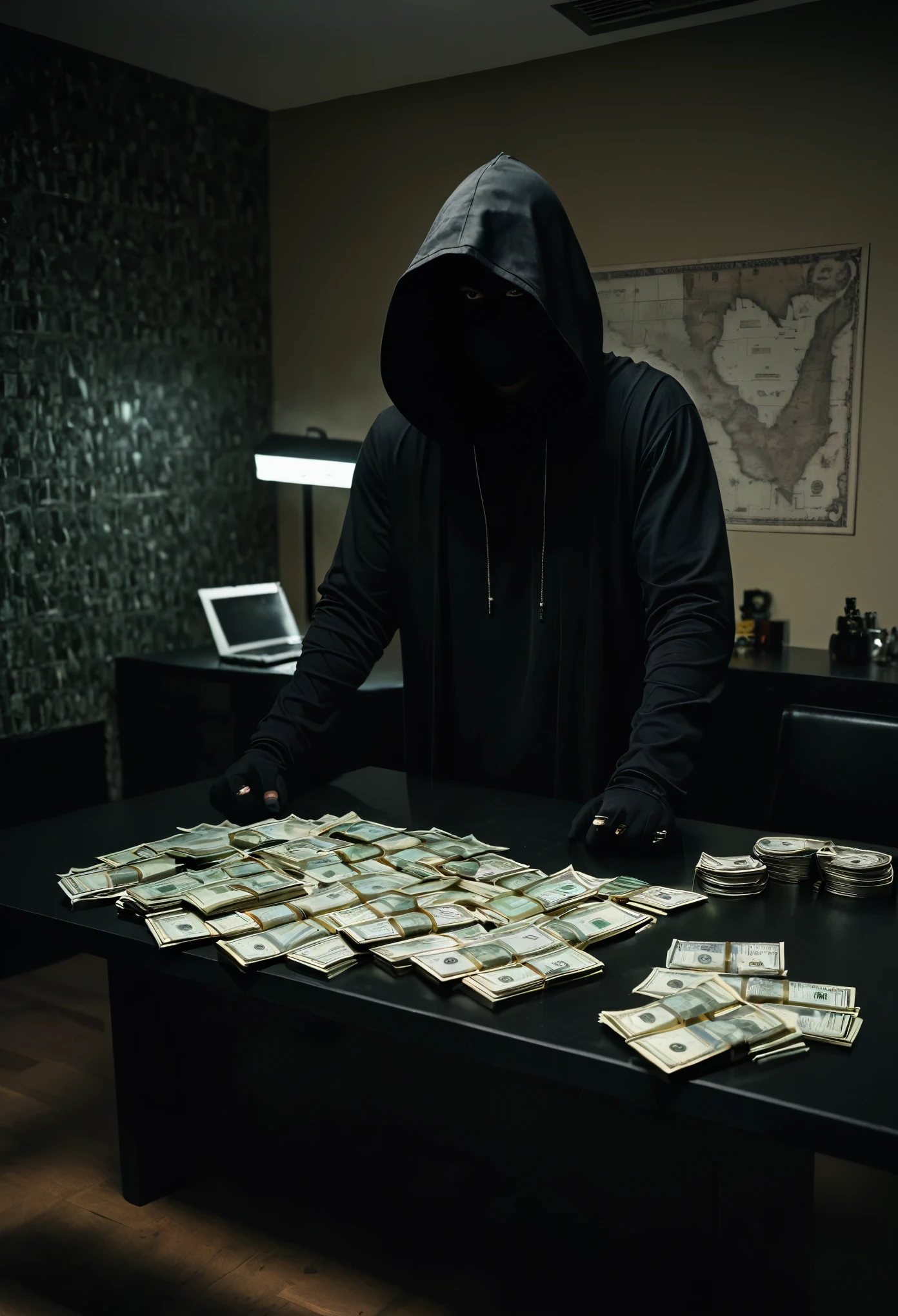 Man, hacker room, detailed room, Black hood, darkness room, shadown, money on table, dollars