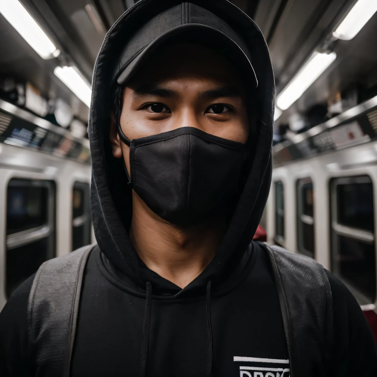 Candid photo of a 30 year old indonesian man, kinda fat muscle, nature skin, very short hair, wearing a hoodie and cap and wearing a black mask and inside train, in the midnight, photography