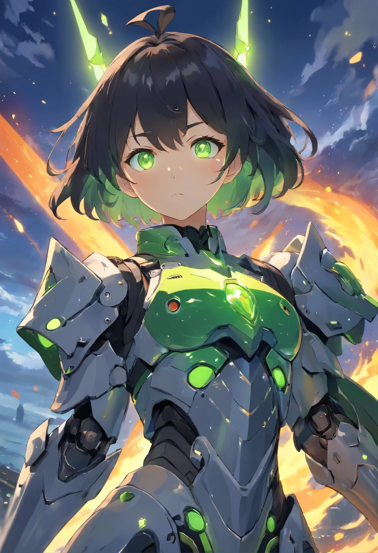 1girl, Black short hair, glowing green eyes, detailed eyes, Android, knight armor, armored, Disgusted stare, dynamic lighting, intense shadows, under glow, gray sky, swirling clouds, best quality, masterpiece, cowboy shot, low angle, {fire emanating outwards} (,anime style ,ink, illustration),Genshin Impact , Genshin,,anime style robot with futuristic armor, alone, science fiction Anime, robot style, non-human, mecha style