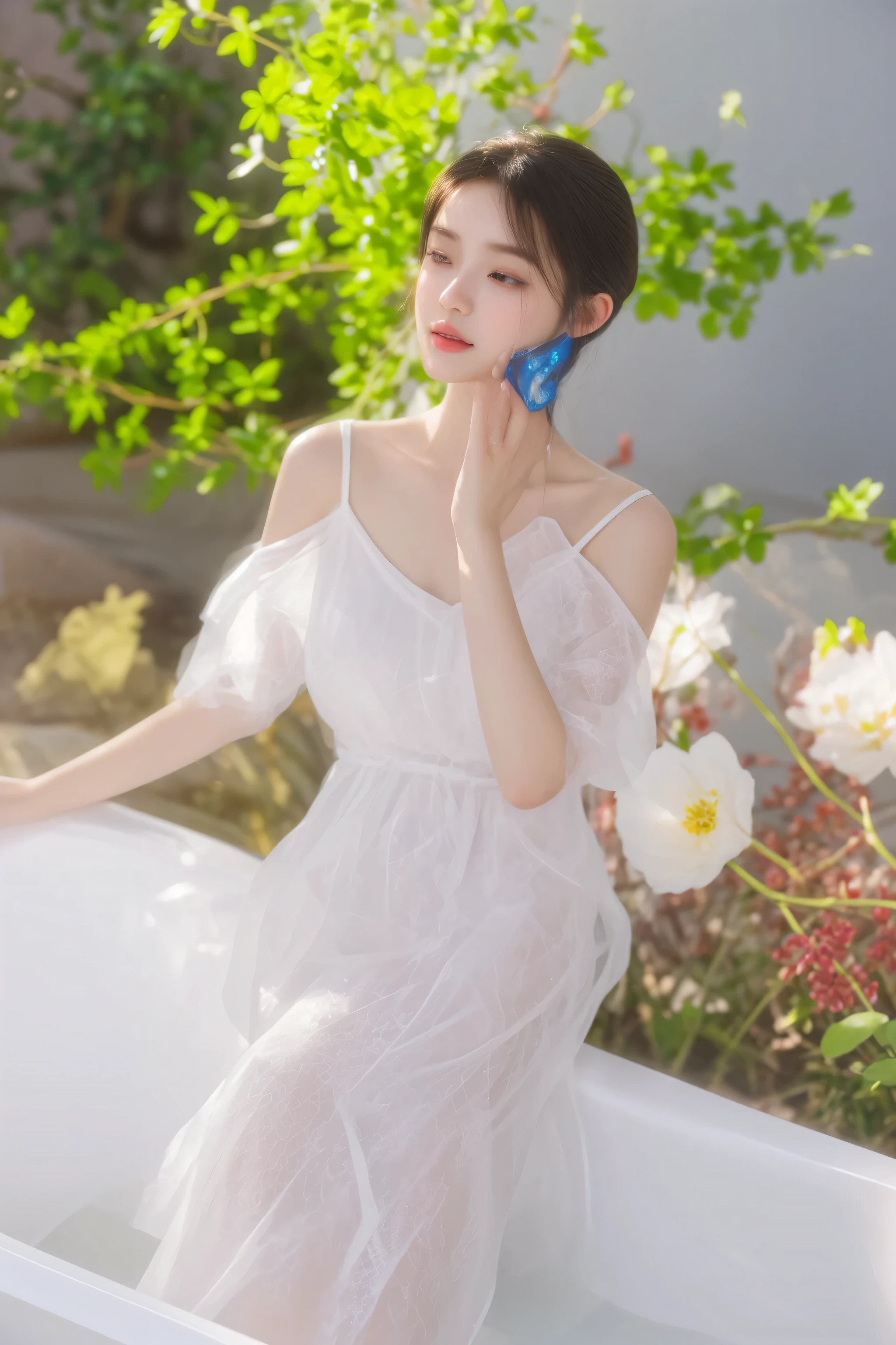 there is a woman sitting in a bathtub talking on a cell phone, summer morning, ethereal and dreamy, dreamy and ethereal, ethereal beauty, translucent dress, light effect. feminine, perfume, sha xi, bathing in light, cute elegant pose, cute photo, smooth translucent white skin, translucent white skin, in white clothes, sakimichan, translucent body