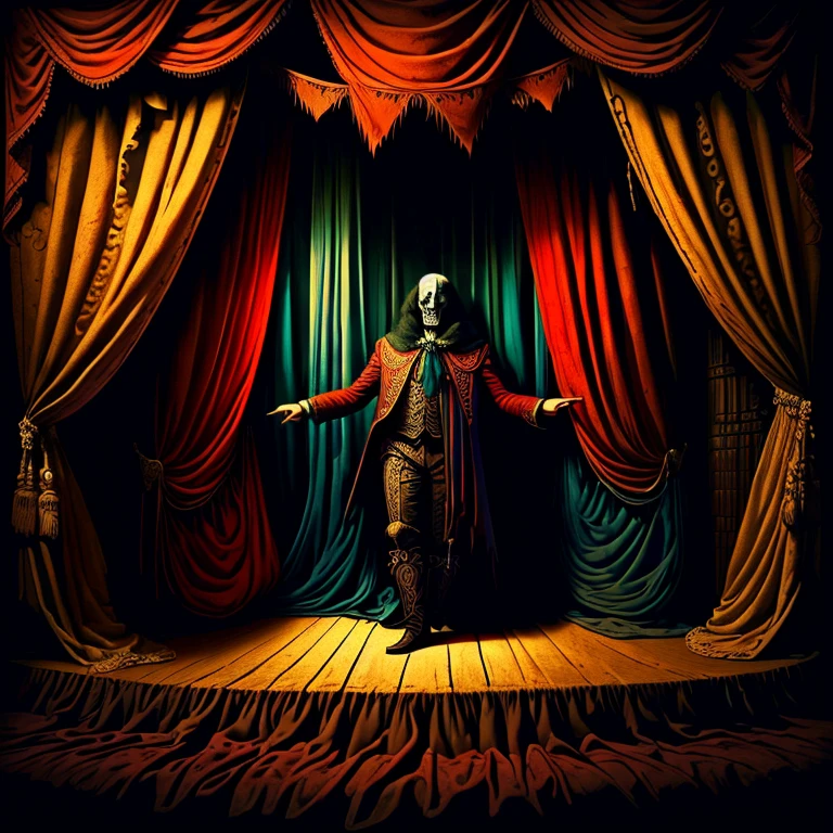 On a theater curtain there is a circus man (Terrifying, con traje detallado, colorful and gothic style) abriendo un libro negro. Ambiente de circo y terror 