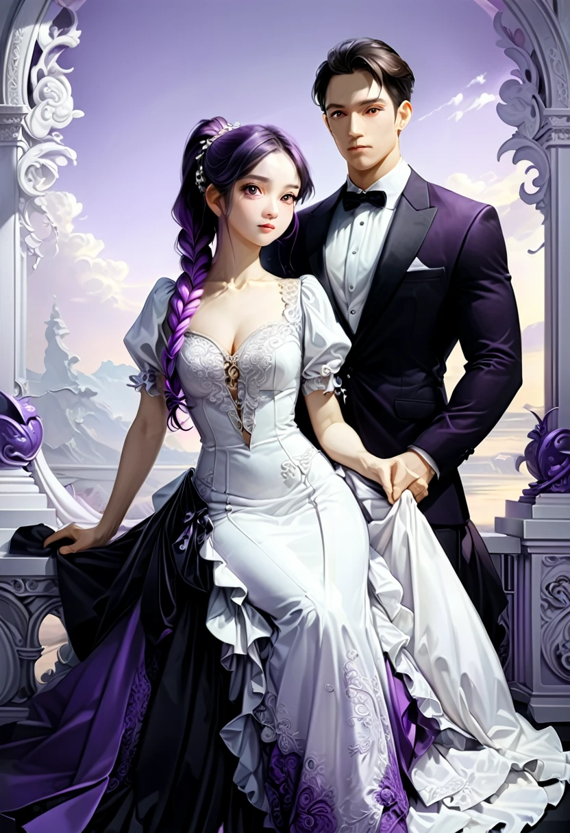 Couple Photo, anime realism, Purple white gradient double braid long ponytail, personality, man and woman, (masterpiece, best quality, Professional, perfect composition, very aesthetic, absurdres, ultra-detailed, intricate details:1.3)