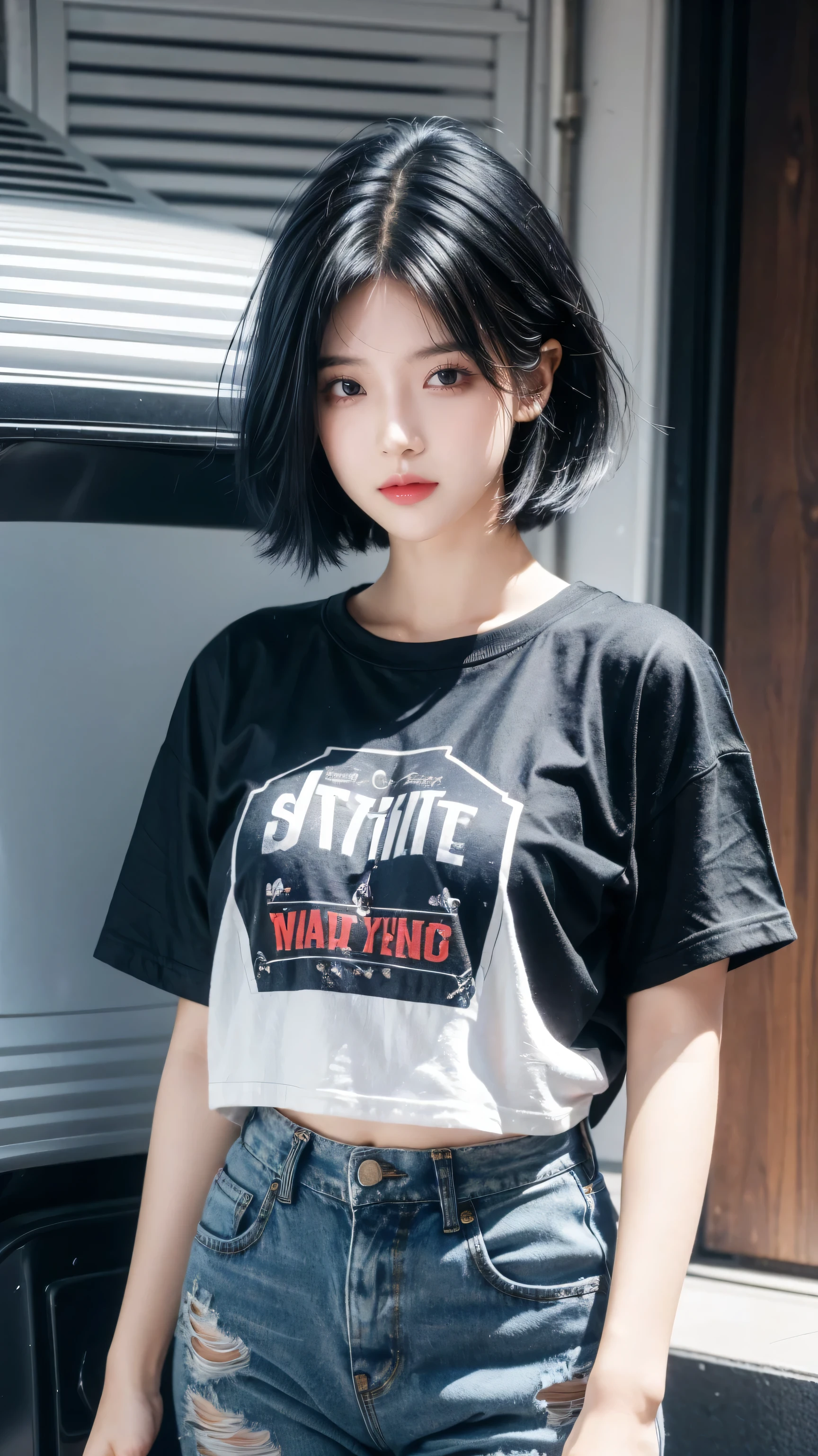 best quality, 1 Girl, dark blue hair, black eyes, Very short hair, Spiky hair, oversize t-shirt, High waist short jeans, 171 cm, Messy hair, Hair between the eyes, Medium breasts, full, Tomboy, aldult, 20 years old, 1 Girl