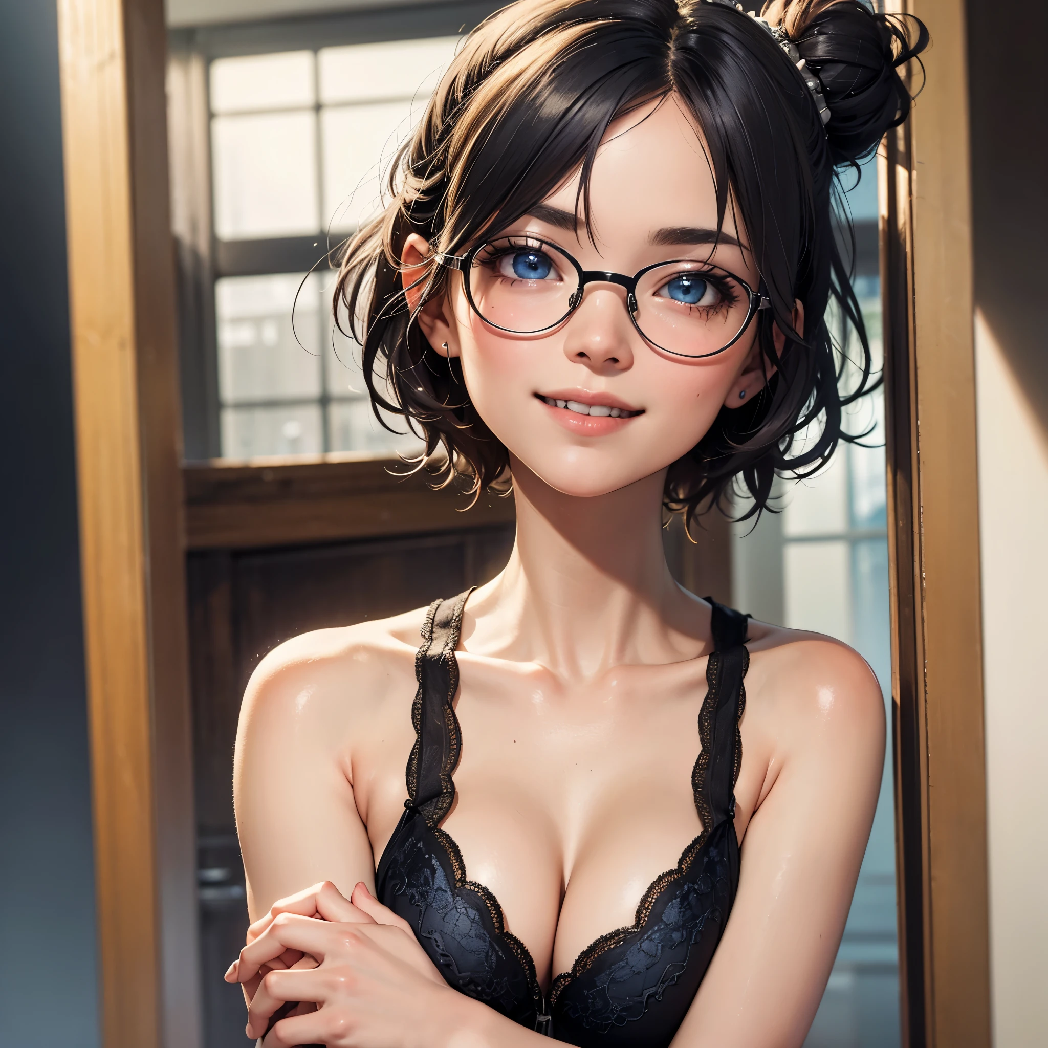 ((best quality)), ((masterpiece)), (detailed), perfect face, a white-toned sexy girl with silver black hair and blue eyes wearing glasses with big breasts wearing a royal dress and a tiara on her head looking outside the window showing her cleavage with a seductive smile on her face, close-up side shot, ultra-detailed, 4k