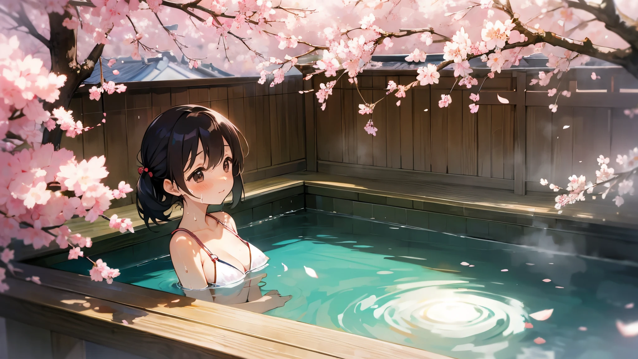 Open-air bath、Sweat、girl、Japan、hot spring、Beautiful scenery、cherry blossoms、