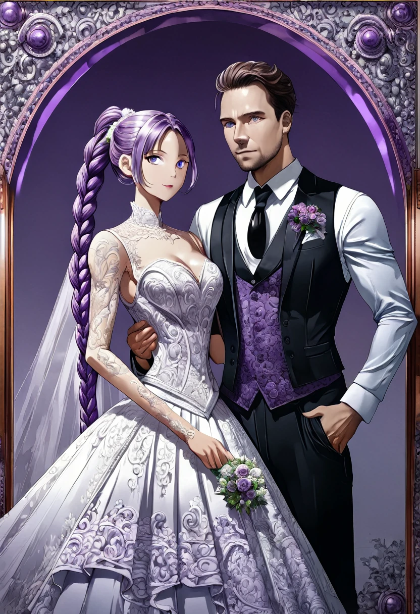 Couple Photo, anime realism, WEDDING, Purple white gradient double braid long ponytail, personality, man and woman, (masterpiece, best quality, Professional, perfect composition, very aesthetic, absurdres, ultra-detailed, intricate details:1.3)