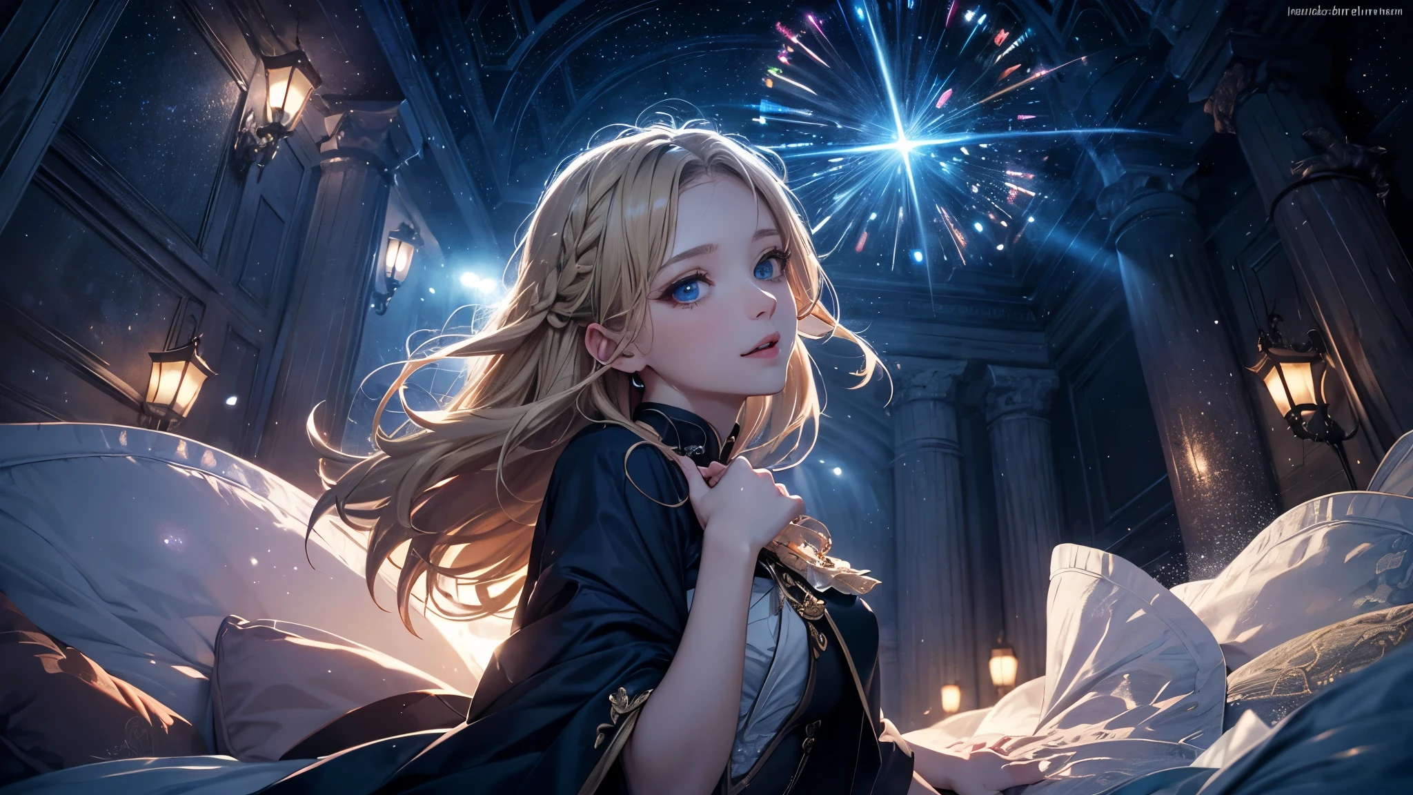 masterpiece),(top-quality:1.2),1girl in,(masuter piece:1.3),exquisitedetails, Highest quality 8K resolution, Ultra-detailed, Realistic, Vibrant colors, Soft tones, With warm and gentle lighting,(Smooth straight blonde hair:1.2),(Hair parted in the middle:1.3),(Glowing hair),(Dark blue eyes:1.3),White skin, hair clips,Small necklace,A gentle feeling overflows,The sun's rays illuminate joy and pure love, Warm golden glow,The atmosphere is full of happiness and laughter, As if celebrating love,Ultra-detailed depiction and vivid colors,A style that combines romanticism and realism,depth of love,color palettes,Create an ethereal atmosphere like a dream,Lighting is soft and diffused,masterpiece artwork,light light on the face,