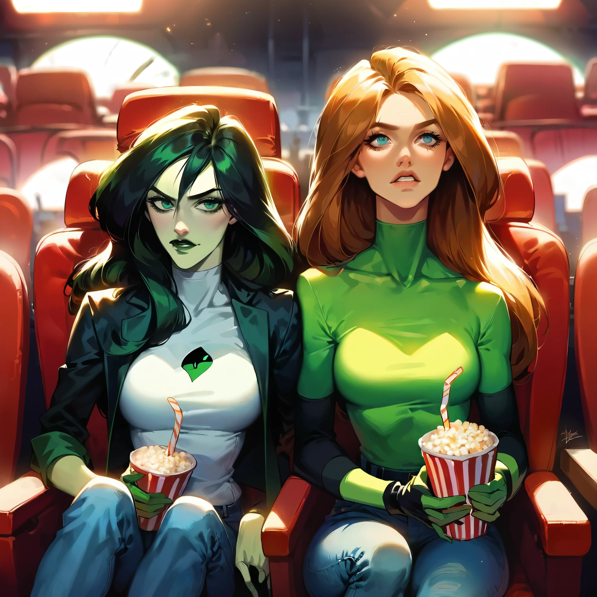 score_9, score_8_up, score_7_up, score_6_up, score_5_up, (high quality, detailed, beautiful), detailed soft lighting, rating_safe, 2girls, Shego sitting with Kim Possible, in a movie theater, eating popcorn, on a romantic date, in love, girlfriends, beautiful eyes, open eyes, wearing jeans and tight tops.