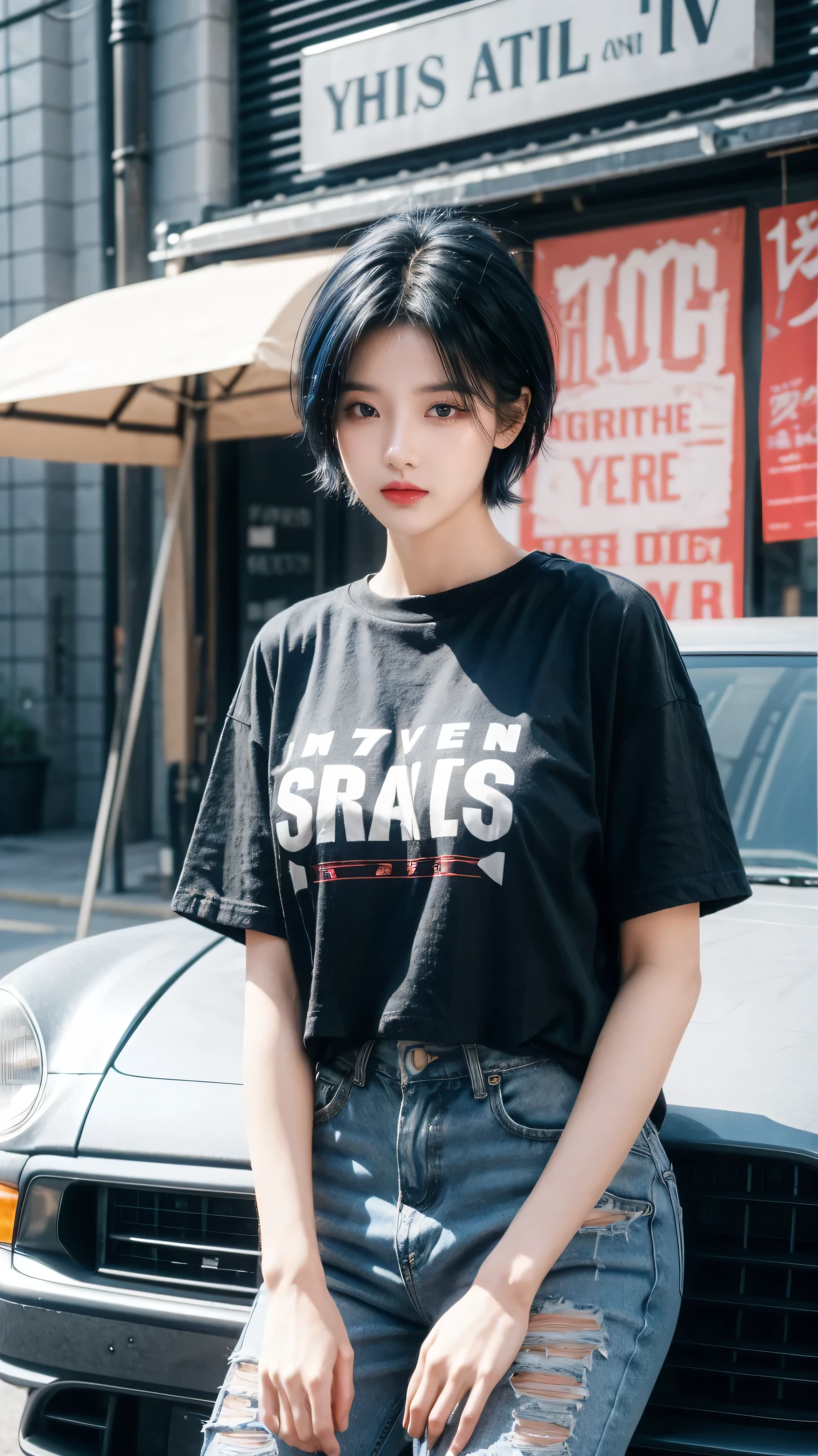 best quality, 1 Girl, dark blue hair, black eyes, Very short hair, Spiky hair, oversize t-shirt, High waist short jeans, 171 cm, Messy hair, Hair between the eyes, Medium breasts, full, Tomboy, aldult, 20 years old, 1 Girl near red down car