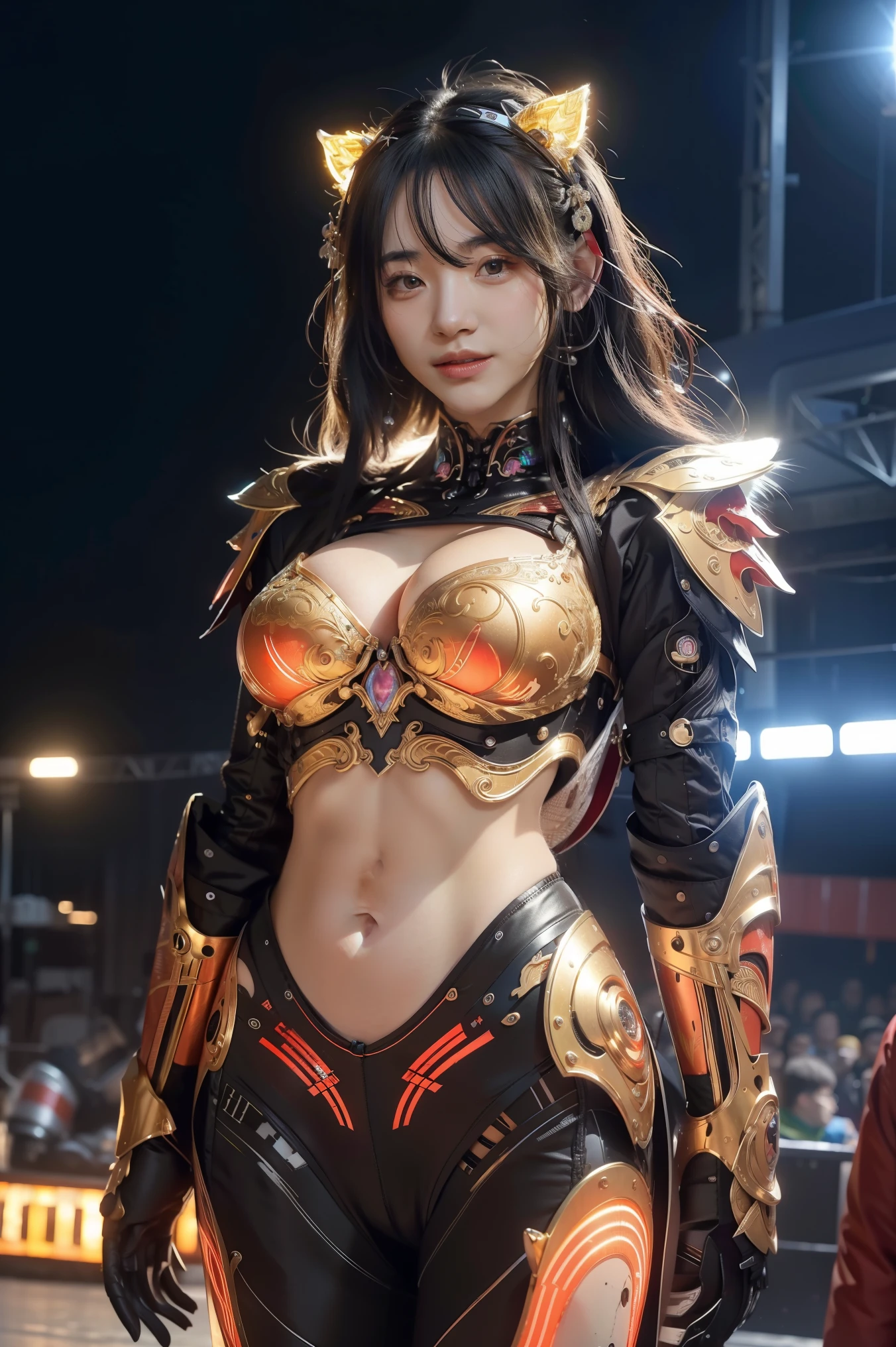 ((masterpiece, best quality)),illustration,ultra detailed 8k,(detailed face), photorealistic,sharp focus,highly detailed,professional lighting,colorful details,iridescent colors BREAK extreme long shot of a factory,large mechanical robot construction,microchip,computer,glowing,intricate details,shitu-mecha,1girl is standing back turned in front of the audience,Navel