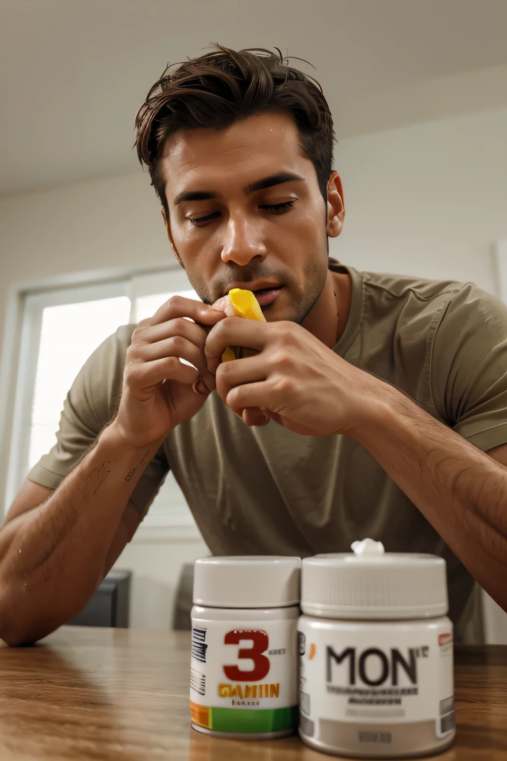 Create a high resolution 3D image of a man eating multivitamin capsule