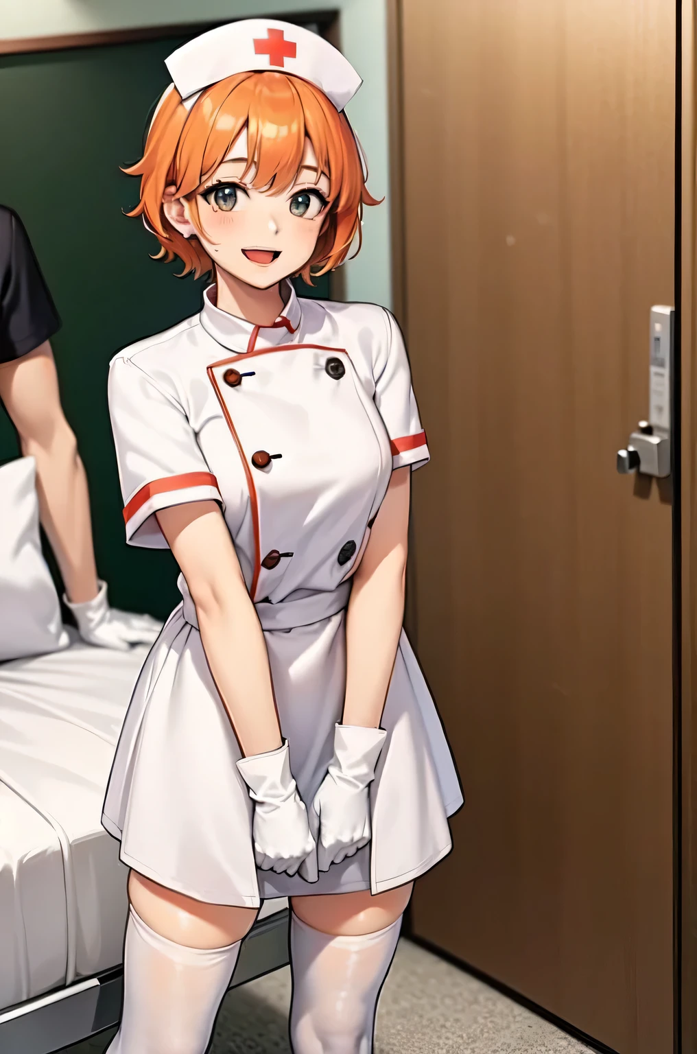 1girl, solo, nurse, nurse cap, white nurse uniform, ((white legwear, zettai ryouiki)), white gloves, very short hair, orange hair, smile, open mouth, standing, ((hospital room)), sharp outline, short sleeves, tomboy, boyish, best quality, masterpiece