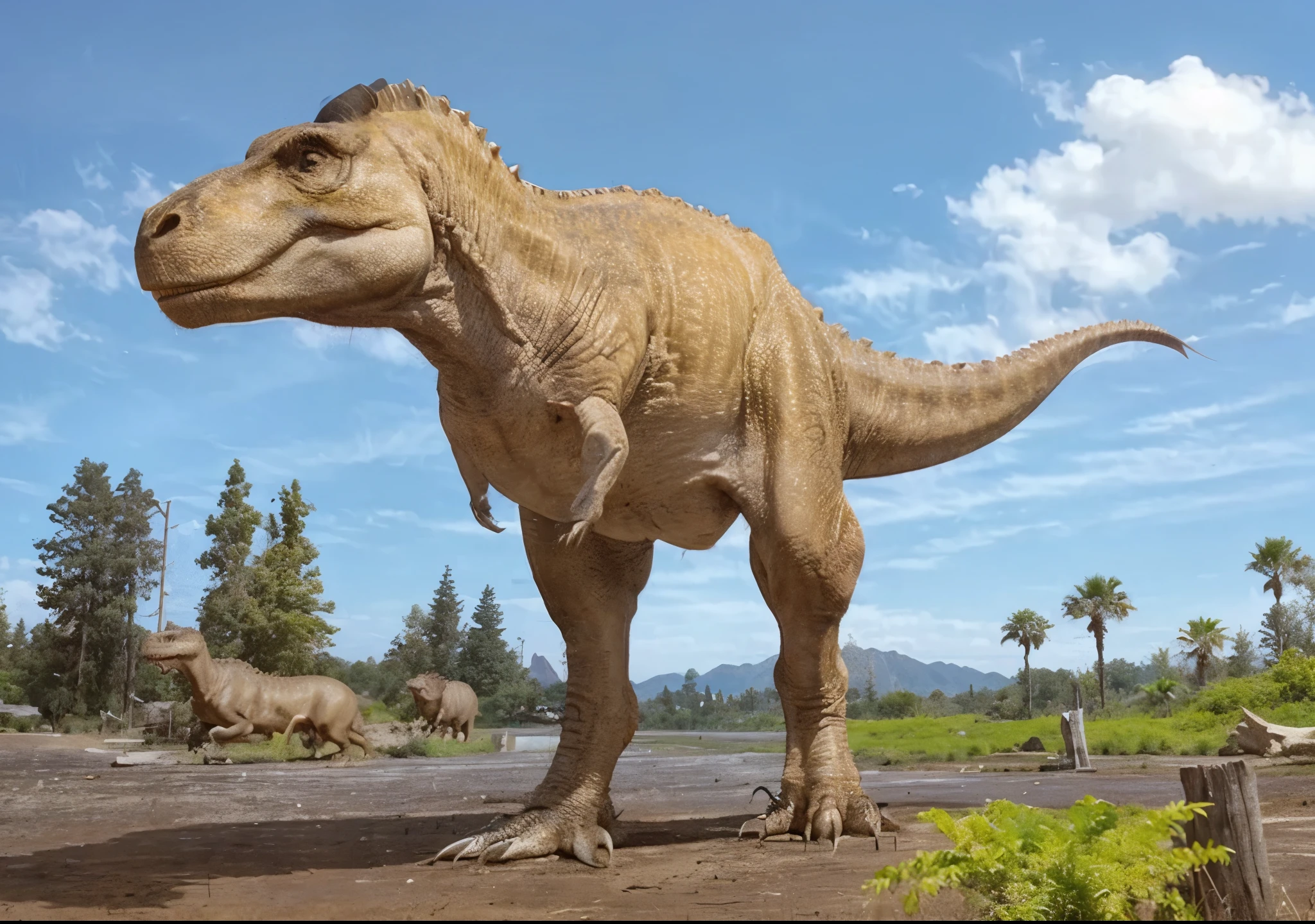 A prehistoric t-rex outdoors along with a bunch of triceratops 