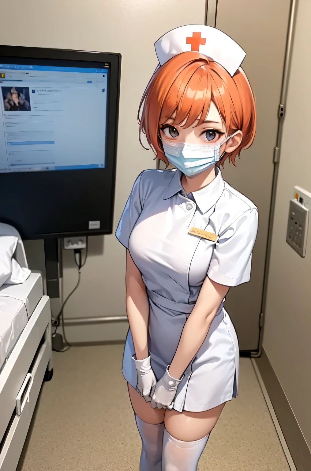 1girl, solo, nurse, nurse cap, white nurse uniform, ((white legwear, zettai ryouiki)), white gloves, very short hair, orange hair, ((white surgical mask, covered nose)), standing, ((hospital room)), sharp outline, short sleeves, tomboy, boyish, best quality, masterpiece